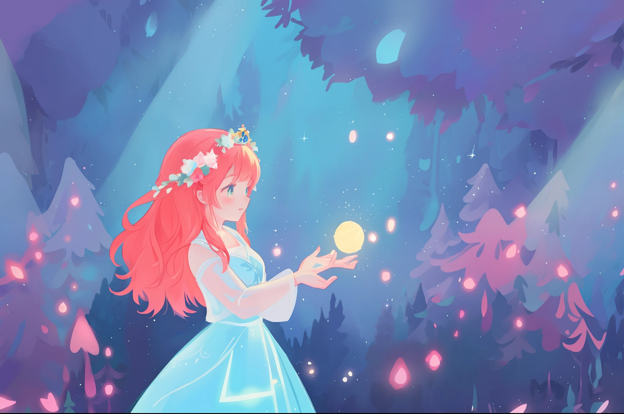 beautiful girl in the forest, beautiful anime girl in white dress, vibrant pastel colors, (colorful), magical lights, long red hair and a crown of flowers on her head, sparkling lights, fairy lights, inspired by Glen Keane, inspired by Lois van Baarle, disney art style, by Lois van Baarle, glowing aura around her, by Glen Keane, jen bartel, glowing lights! digital painting, flowing glowing hair, glowing flowing hair, beautiful digital illustration, fantasia background, whimsical, magical, fantasy, beautiful face, ((masterpiece, best quality)), intricate details, highly detailed, sharp focus, 8k resolution, sparkling detailed eyes, liquid watercolor, forest landscape background