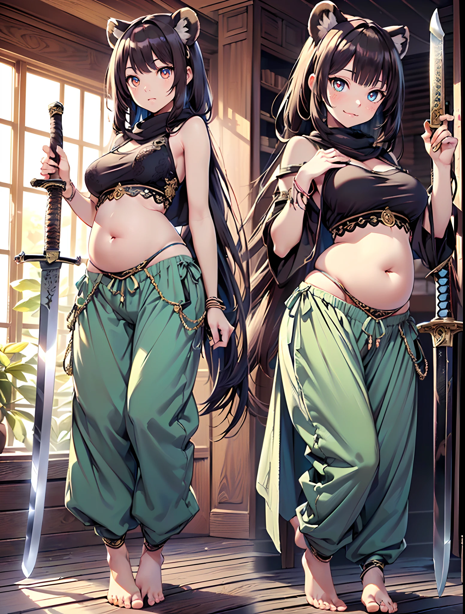 (best quality,4k,8k,highres,masterpiece:1.2),ultra-detailed, ((tanuki girl)), ((cute)), ((perfect face)), ((expressive face)), (((full body))), ((perfect body)), (((standing pose))), (((big sword))), (((perfect sword))), (((detailed sword))), (((very baggy and long belly dance harem pants))), (((perfect pants))), (((detailed clothes))), (((bare feet))), ((fully detailed)),illustration,vivid colors