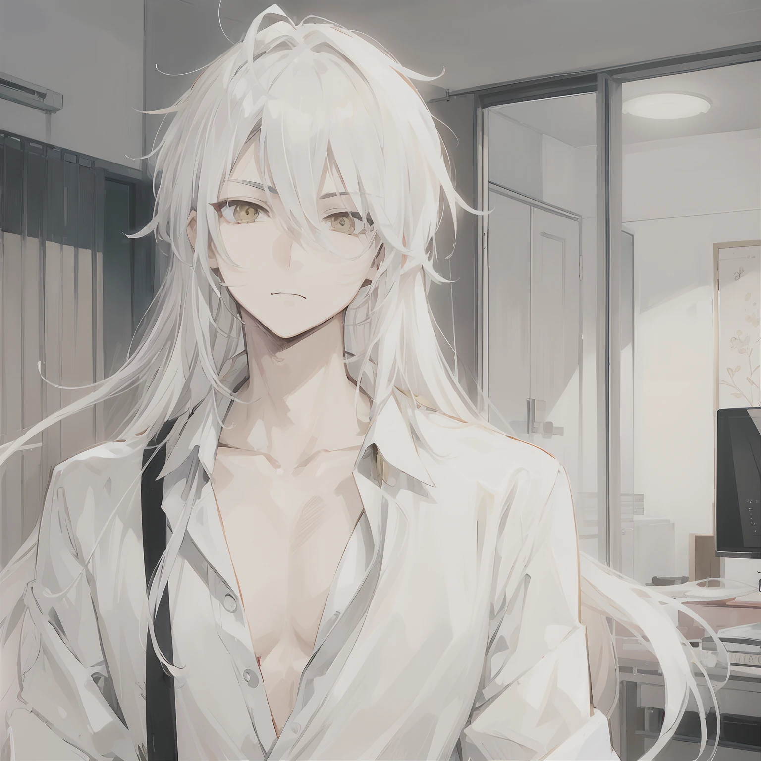 Japanese anime, beautiful young man, white hair, yellow eyes, sharp eyes, long hair, hair tied low, model standing, posing, chic room,high quality, amount of drawing, pixiv illustration