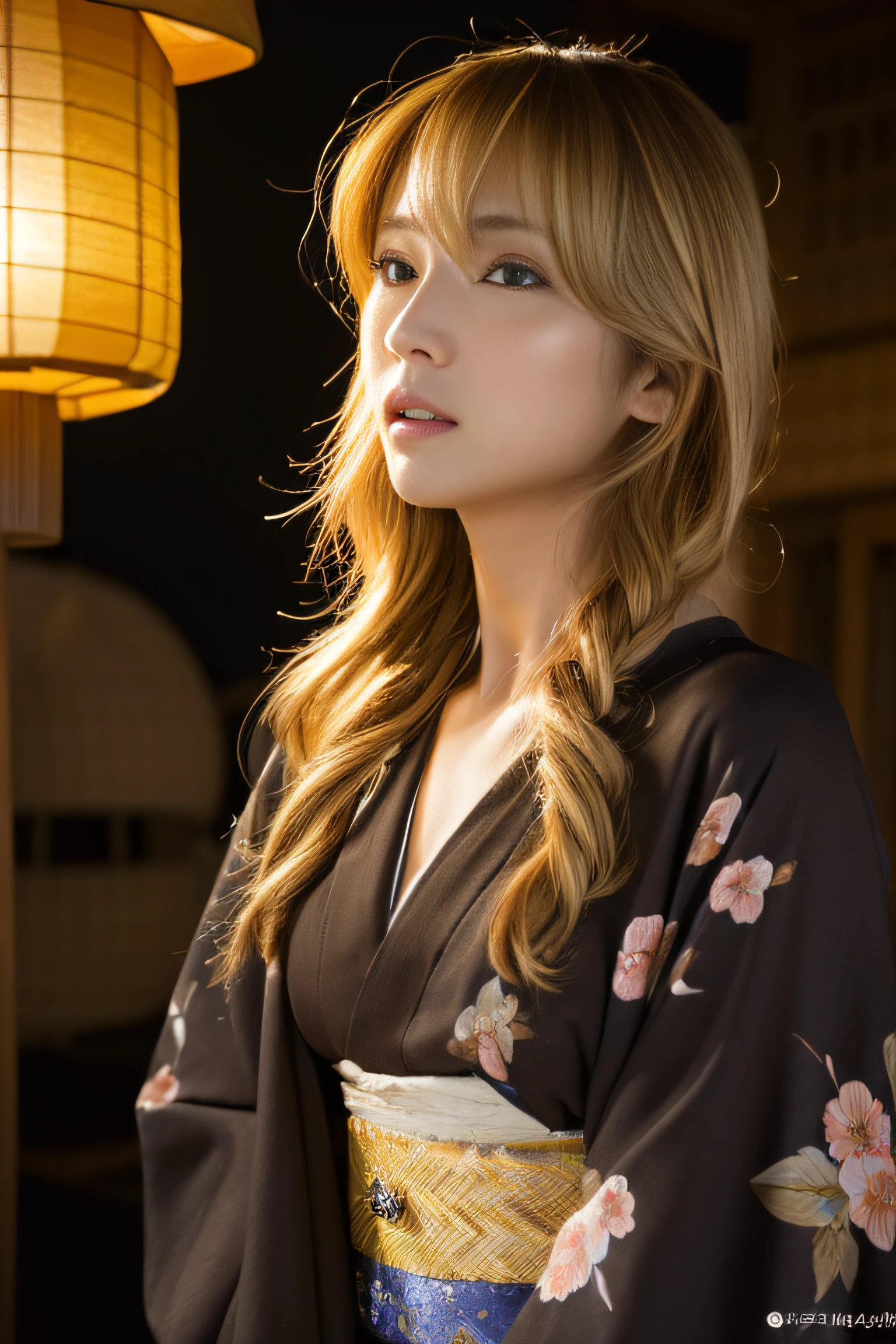 (masterpiece:1.2), ultra detailed, ultra high res, (realistic, photo realistic:1.37), high detail RAW color photo, professional photograph, an extremely delicate and beautiful, extremely detailed, finely detail, huge file size, extremely detailed beautiful girl, extremely detailed face, extremely detailed eyes, extremely detailed skin, extremely detailed nose, extremely detailed mouth, perfect anatomy, highly detailed background, shiny skin, (Japanese famous actress:1.5), (gyaru), flat chest, looking at viewer, full body, (dynamic pose:1.4), dynamic lighting, (brown race, dark skin, blond hair:1.5), (Black kimono:1.2), (with floral pattern), (Japanese lantern:1.4), (Japanese hot spring town:1.5), nighttime,