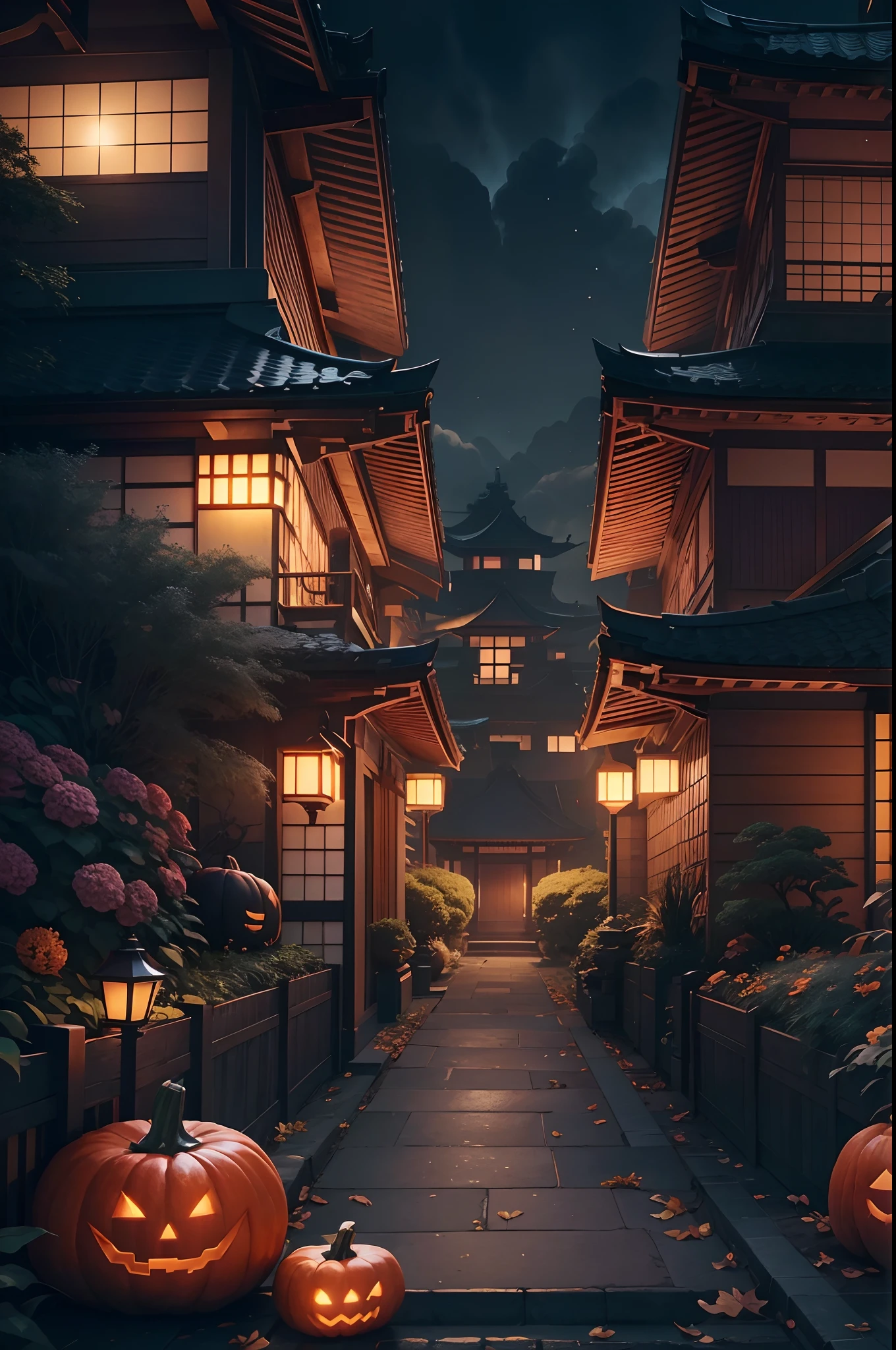 futuristic scene, Japanese-style architecture、Elegance in a sophisticated garden.. Halloween decorations in and around the Night City. The scene is a fusion of illustration and photorealism, Ultra-delicate brushstrokes and clarity, Vivid colors. Light art of the highest quality, 4K or 8K resolution, nightcity、The complex atmosphere of Halloween,Complete pumpkin head,Full pumpkin face ,Super realistic
