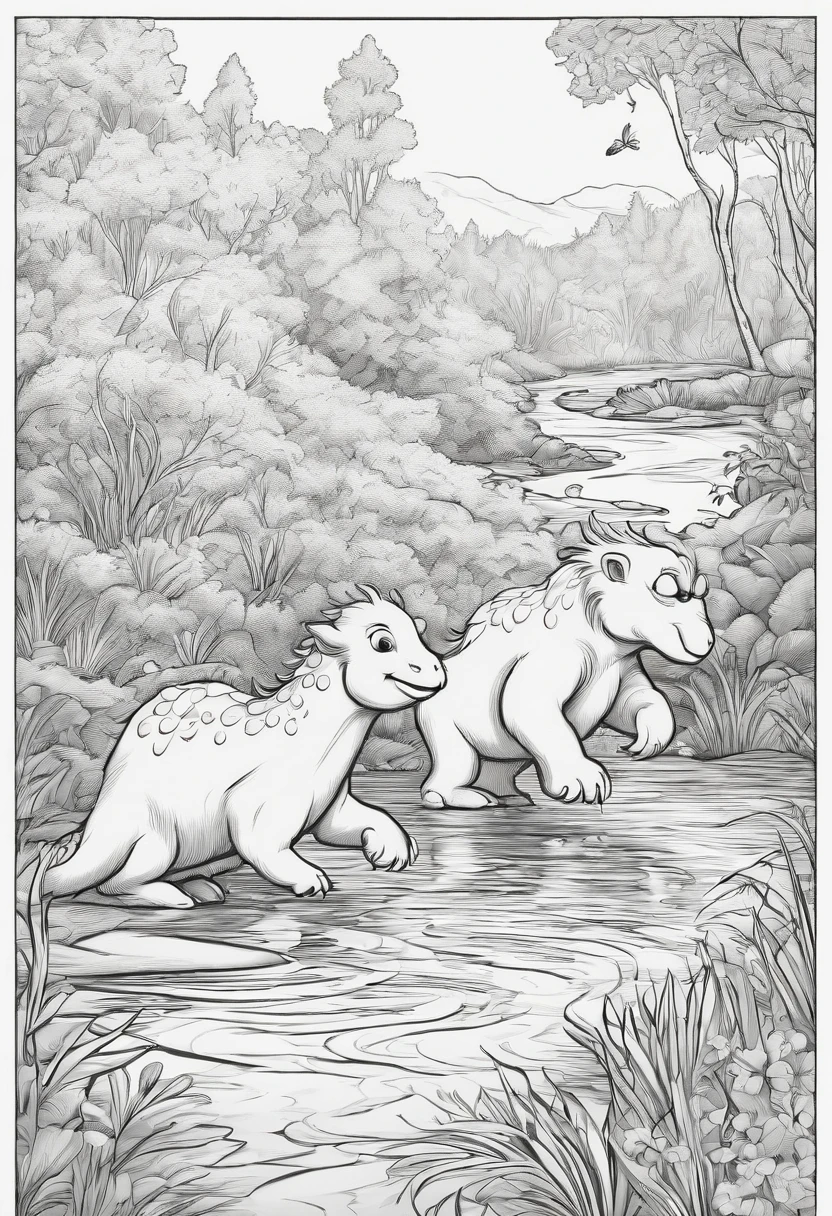Two small and fuzzy monsters, jumping and running along a stream, Black_and_white_image, No_grayscale, Large-scale image, children's_coloring_book