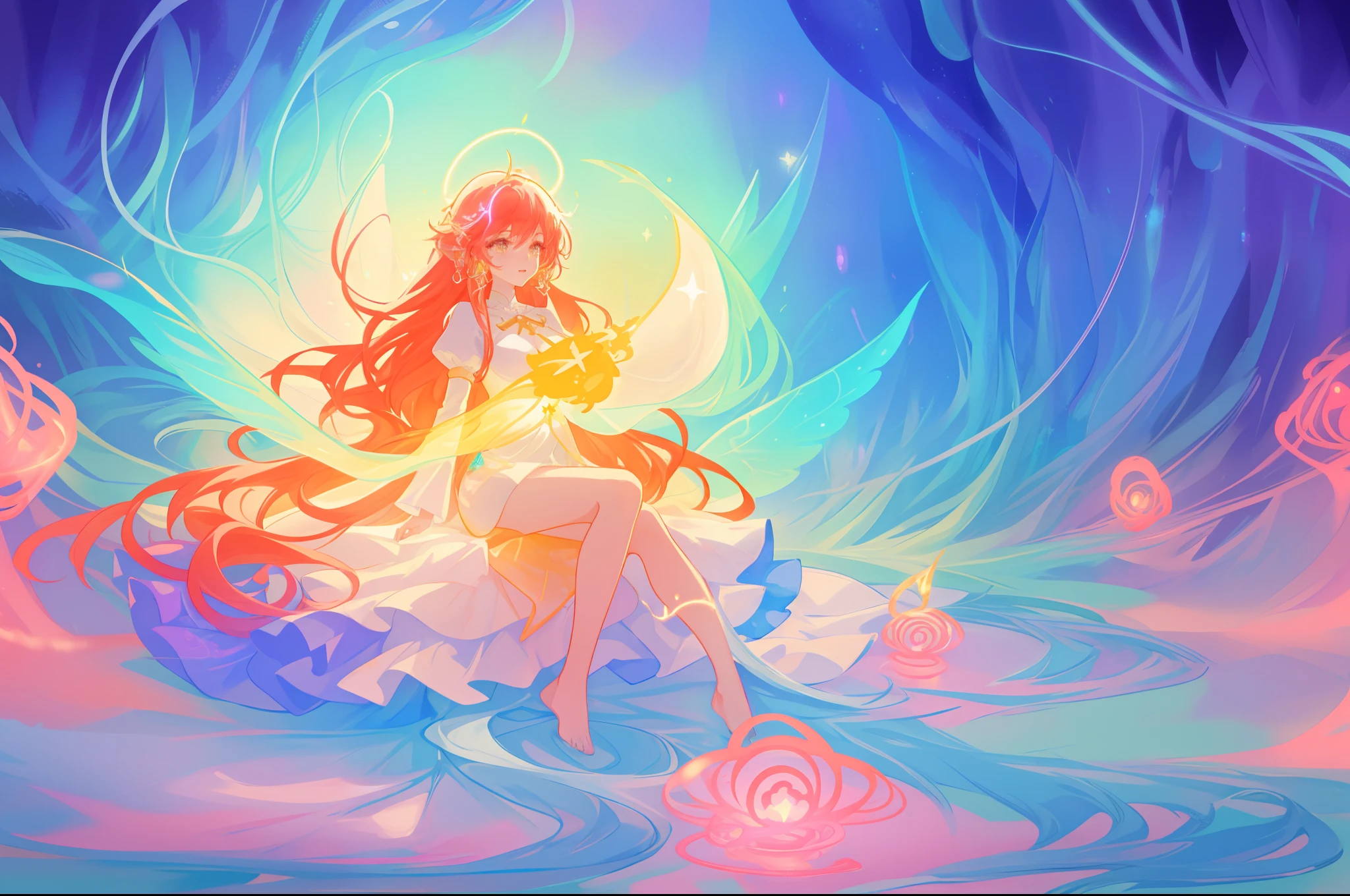 glowing aura around her, beautiful girl sitting on clouds in the forest, beautiful anime girl in flowing dress, vibrant pastel colors, (colorful), magical lights, long red hair, sparkling lights, fairy lights, inspired by Glen Keane, inspired by Lois van Baarle, disney art style, by Lois van Baarle, glowing aura around her, by Glen Keane, jen bartel, glowing lights! digital painting, flowing glowing hair, glowing flowing hair, beautiful digital illustration, fantasia background, whimsical, magical, fantasy, beautiful face, ((masterpiece, best quality)), intricate details, highly detailed, sharp focus, 8k resolution, sparkling detailed eyes, liquid watercolor, forest landscape background