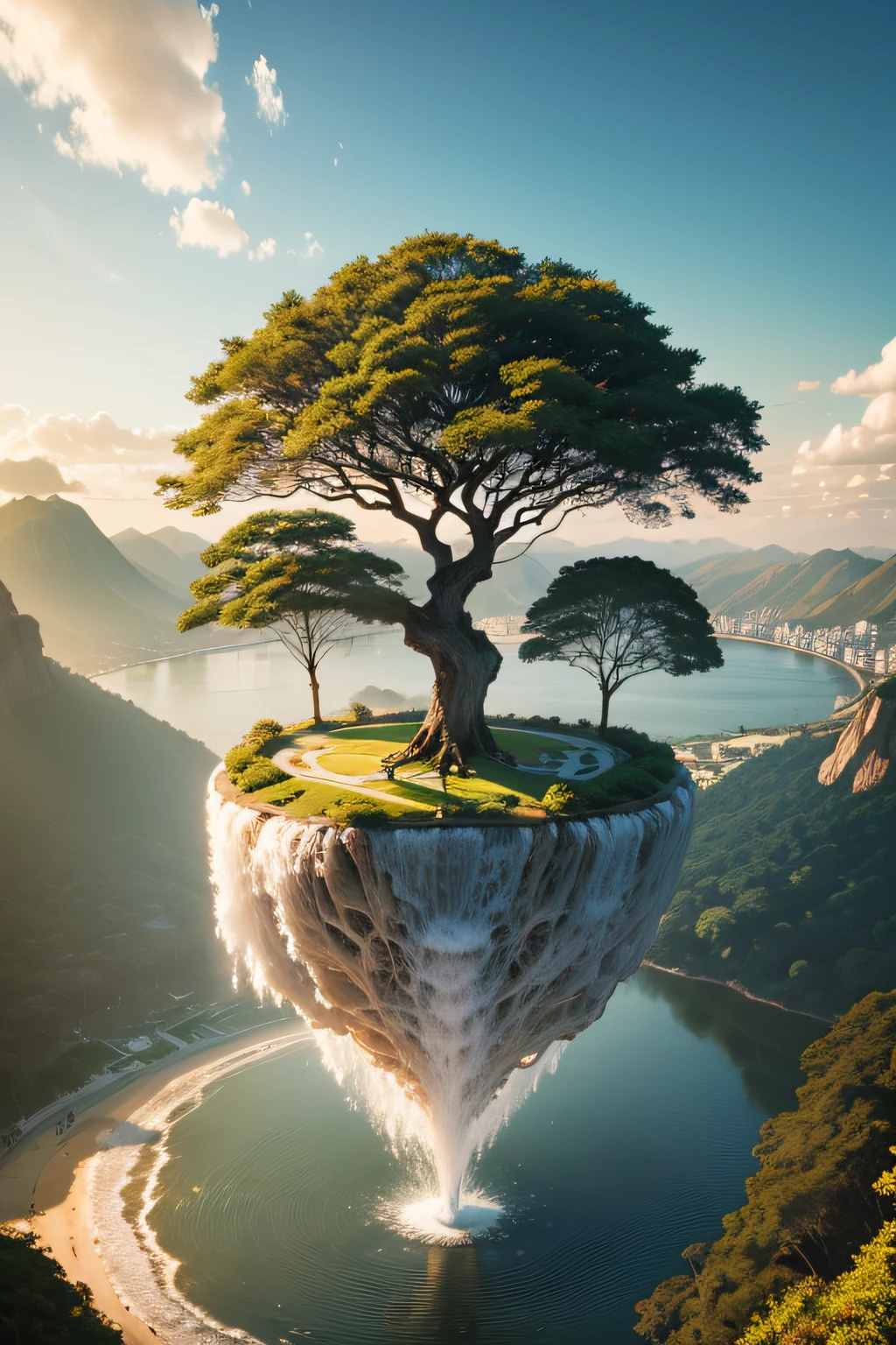 Create Tree of Life, com rio saindo do trono de ouro, luzes brilhante ao fundo, pedras preciosas as margens do rio