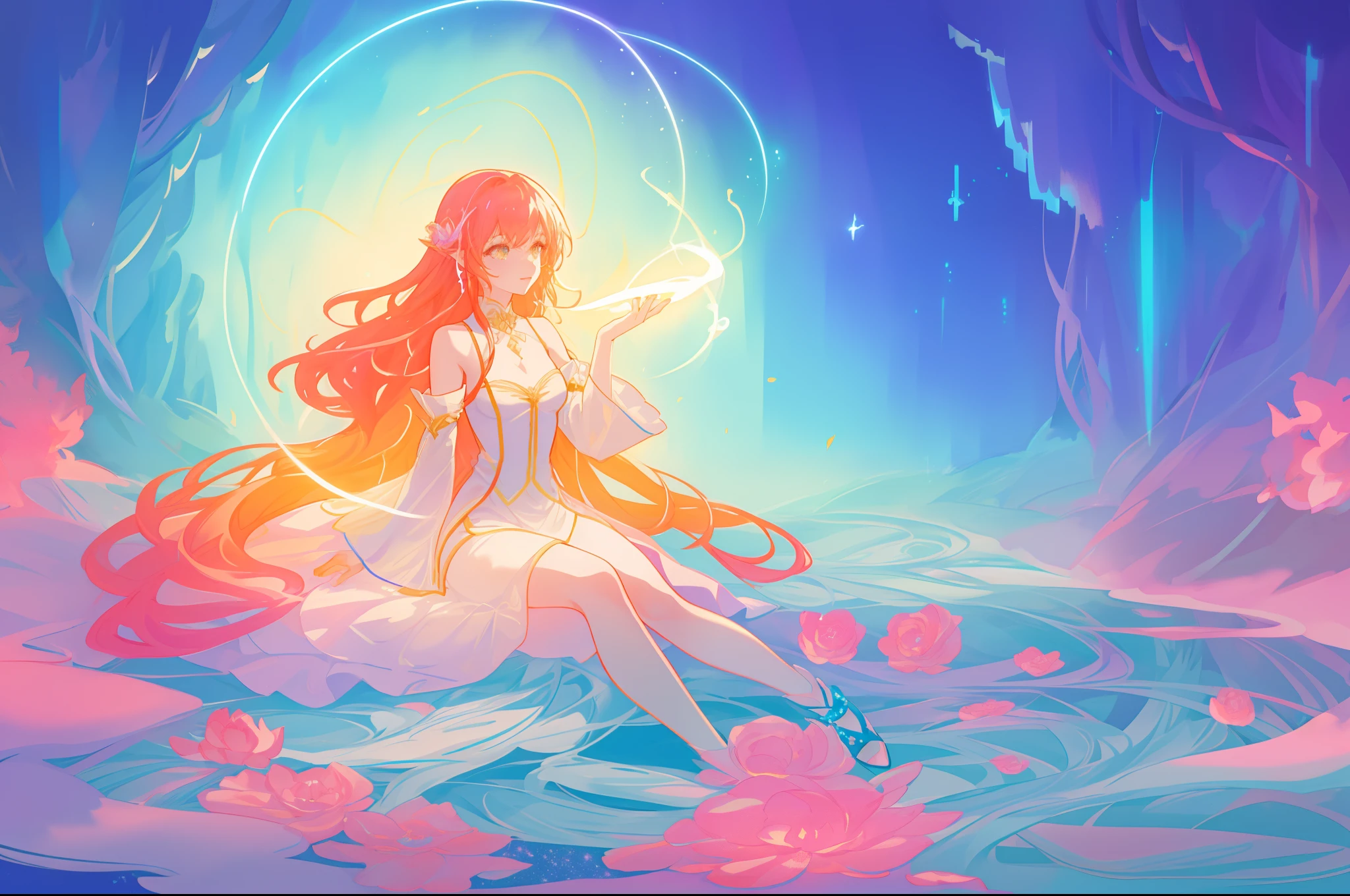 glowing aura around her, beautiful girl sitting on clouds in the forest, beautiful anime girl in flowing dress, vibrant pastel colors, (colorful), magical lights, long red hair, sparkling lights, fairy lights, inspired by Glen Keane, inspired by Lois van Baarle, disney art style, by Lois van Baarle, glowing aura around her, by Glen Keane, jen bartel, glowing lights! digital painting, flowing glowing hair, glowing flowing hair, beautiful digital illustration, fantasia background, whimsical, magical, fantasy, beautiful face, ((masterpiece, best quality)), intricate details, highly detailed, sharp focus, 8k resolution, sparkling detailed eyes, liquid watercolor, forest landscape background