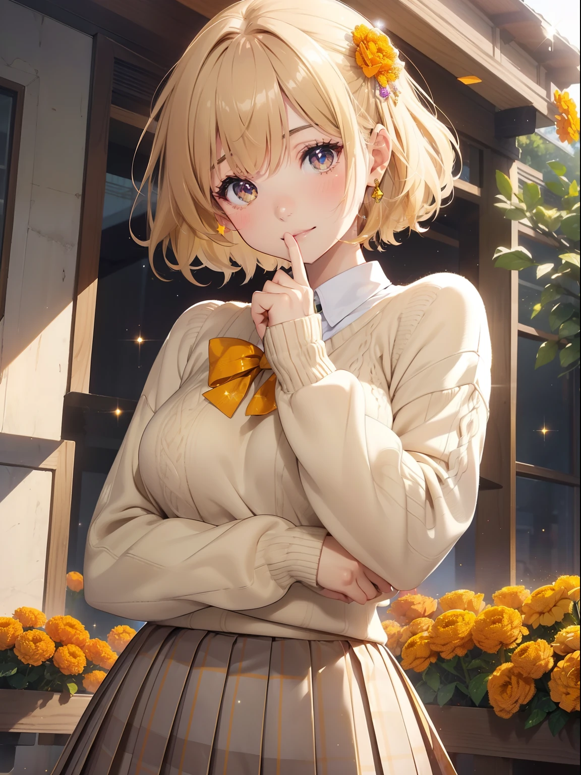 masutepiece, High resolution, 8K, anime woman, Delicate and detailed writing 、Detailed digital illustration、Short hair、perm、Shiny hair、Bangs、a very beautiful woman、Eyes are double, Large, Bust is D cup、High image quality, High quality、Detailed background、The inside of the eye shines like a diamond、Light yellow hair、Gradient pupil、(((2 arms、4 fingers, 1 thumb)))、Detailed female face、Very beautiful and cute woman、、细致背景、​masterpiece、Soft Focus , Bright gradient watercolor , Lens Flare , (((Glitter))) , Glow , Dreamy , Yellow Ribbon、Very beautiful yellow rose hair accessories、((Straight at the angle of the front))、(School Uniforms:1.2), (wearing a beige knitted sweater over a white shirt,:1.3), (Plaid pleated skirt:1.3),(((marigolds)))、Full smile