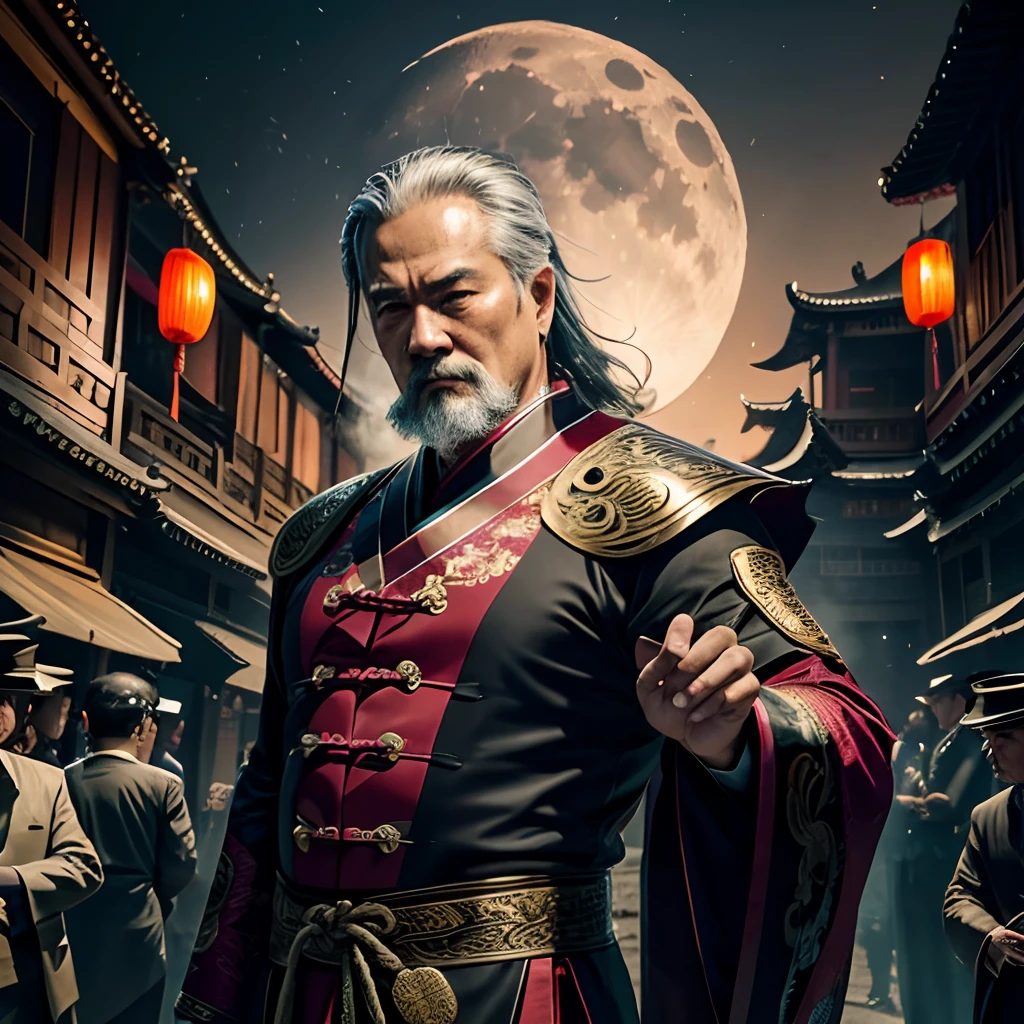 the night,Middle-aged man in Chinese clothing,The expression is fierce,Detailed facial details,Decisive hand movements,Magic halo light,Light of the spell,shadow magic,In the background is a dilapidated Chinese courtyard,There were explosions everywhere,火焰,Panicked crowd,Surrounded by soldiers,themoon,Ultra Luxo,super-fine,Ultra HD ultra high resolution,32K