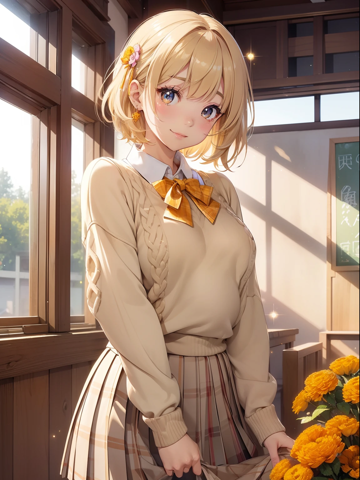 masutepiece, High resolution, 8K, anime woman, Delicate and detailed writing 、Detailed digital illustration、Short hair、perm、Shiny hair、Bangs、a very beautiful woman、Eyes are double, Large, Bust is D cup、High image quality, High quality、Detailed background、The inside of the eye shines like a diamond、Light yellow hair、Gradient pupil、(((2 arms、4 fingers, 1 thumb)))、Detailed female face、Very beautiful and cute woman、、细致背景、masterpiece、Soft Focus , Bright gradient watercolor , Lens Flare , (((Glitter))) , Glow , Dreamy , Yellow Ribbon、Very beautiful yellow rose hair accessories、((Straight at the angle of the front))、(School Uniforms:1.2), (wearing a beige knitted sweater over a white shirt,:1.3), (Plaid pleated skirt:1.3),(((marigolds)))、Full smile