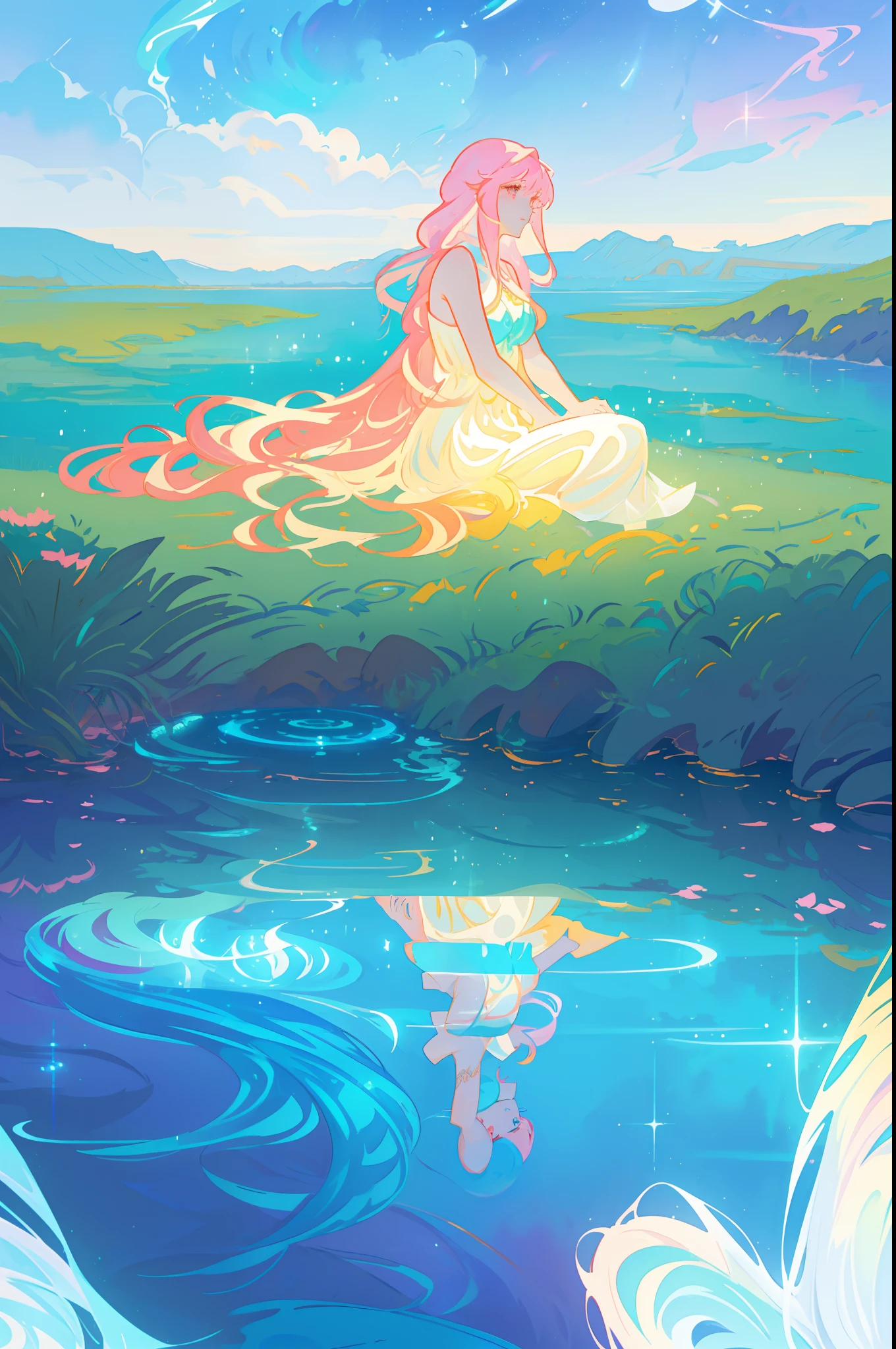 beautiful anime girl sitting by water looking at her reflection, riverbank, beautiful girl in flowing dress, girl looking at her water reflection, nature scene, vibrant pastel colors, (colorful), magical lights, flowing long hair, inspired by Glen Keane, inspired by Lois van Baarle, disney art style, by Lois van Baarle, glowing aura around her, by Glen Keane, jen bartel, glowing lights! digital painting, flowing glowing hair, glowing flowing hair, beautiful digital illustration, whimsical, magical, fantasy, beautiful face, ((masterpiece, best quality)), intricate details, highly detailed, sharp focus, 8k resolution, sparkling detailed eyes, watercolor