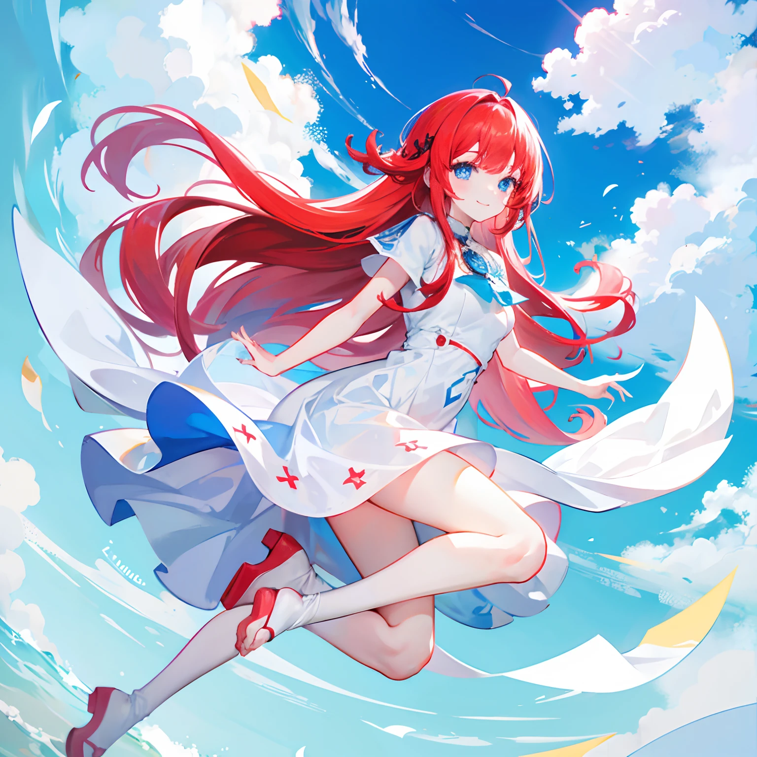 Zong's red hair,long whitr hair,Neat bangs,Qi bangs,Lake blue eyes,adolable,teens girl,White gorgeous beautiful dress,There are no shoes on the feet,full-body photo on the front,All body,Fingers and arms are not exposed,The background is suspended in the sky,on the sky ,with blue sky and white clouds,smiling expression,Happy and happy expression