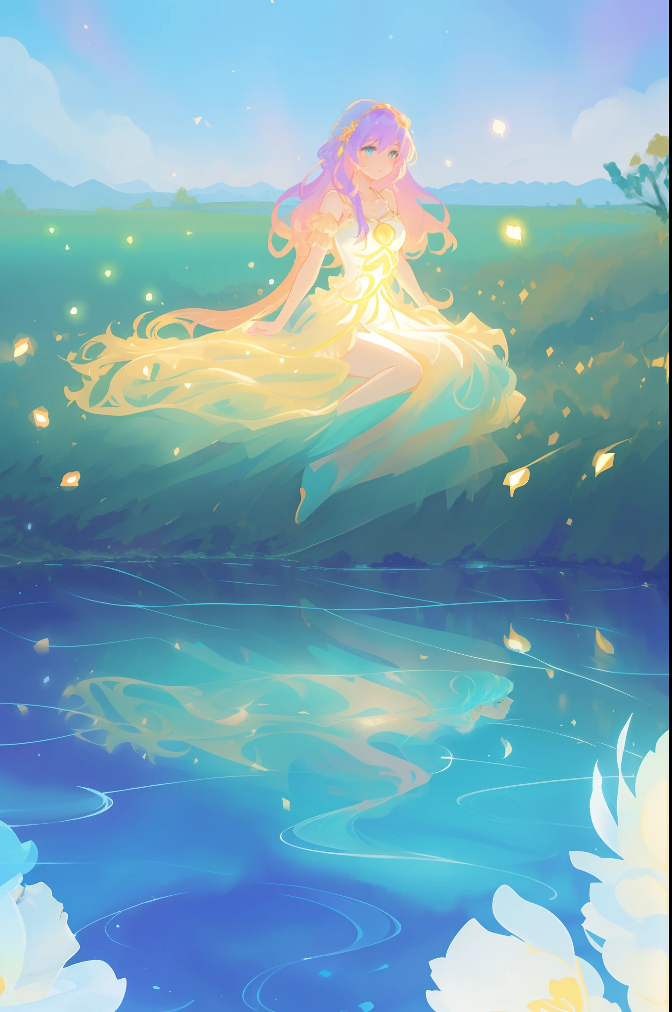 beautiful anime girl sitting by water looking at her reflection, riverbank, beautiful girl in flowing dress, girl looking at her water reflection, nature scene, vibrant pastel colors, (colorful), magical lights, flowing long hair, inspired by Glen Keane, inspired by Lois van Baarle, disney art style, by Lois van Baarle, glowing aura around her, by Glen Keane, jen bartel, glowing lights! digital painting, flowing glowing hair, glowing flowing hair, beautiful digital illustration, whimsical, magical, fantasy, beautiful face, ((masterpiece, best quality)), intricate details, highly detailed, sharp focus, 8k resolution, sparkling detailed eyes, watercolor