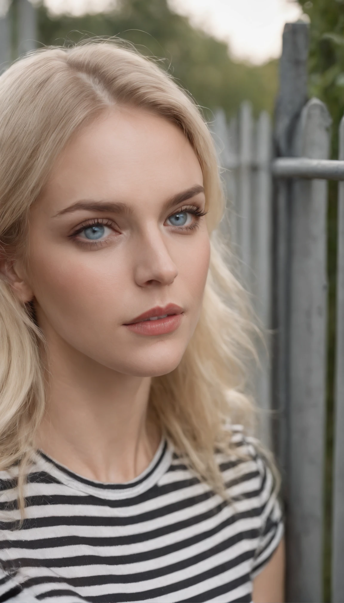 blonde woman with blue eyes wearing a black and white striped t-shirt, leaning against a fence on the side of the road, her hands are tied by chains and a small red cum near her nose, she is looking at the camera, ultra realistic photo.