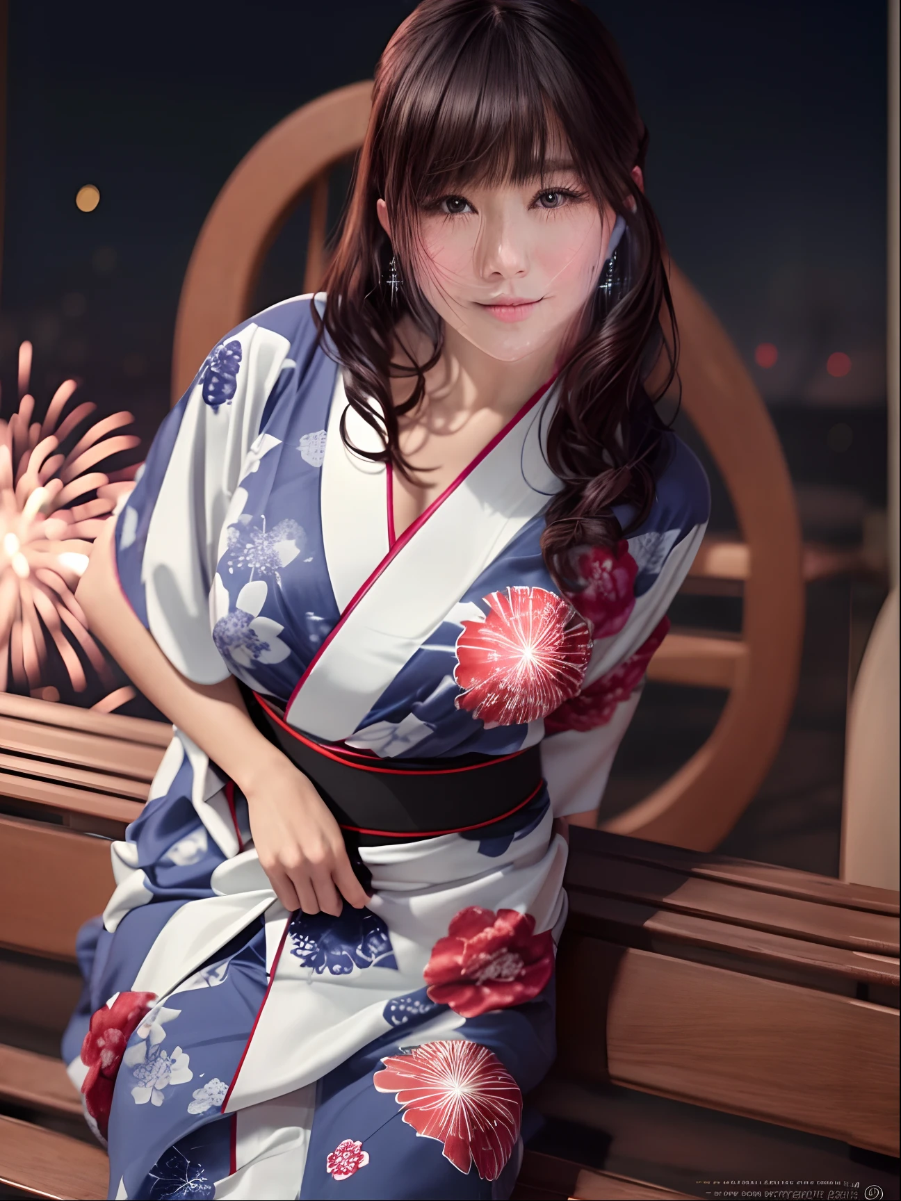 Arafe woman in kimono sitting on bench with fireworks background, classy yukata clothing, bathrobe, in a kimono, in a kimono, japanese kimono, Wearing kimono, goddess of Japan, Wearing a kimono, wearing royal kimono, Kimono, Trending on CGSTATION, komono, shinsui ito, Wearing a colorful yukata