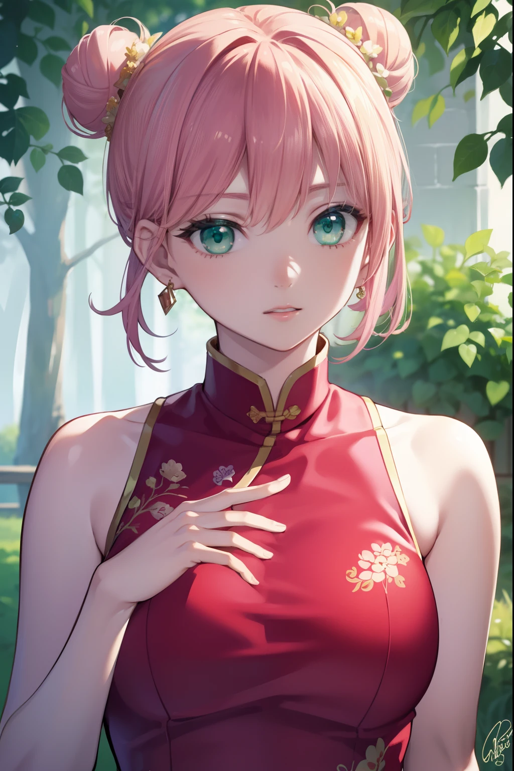 Lennor Charlotte Tikuhn, Short hair, (Green eyes:1.5), Pink hair,
Break the Chinese lenna, dress, Bare shoulders, jewelry, Earrings, hair-bun, double bun hair, Chinese clothes, china dress, Red dress,
BREAK looking at viewer,
BREAK outdoors,
Break (Masterpiece:1.2), Best quality, high resolution, Unity 8k wallpaper, (illustration:0.8), (Beautiful detailed eyes:1.6), Extremely detailed face, Perfect lighting, Extremely detailed CG, (Perfect hands, Perfect anatomy),