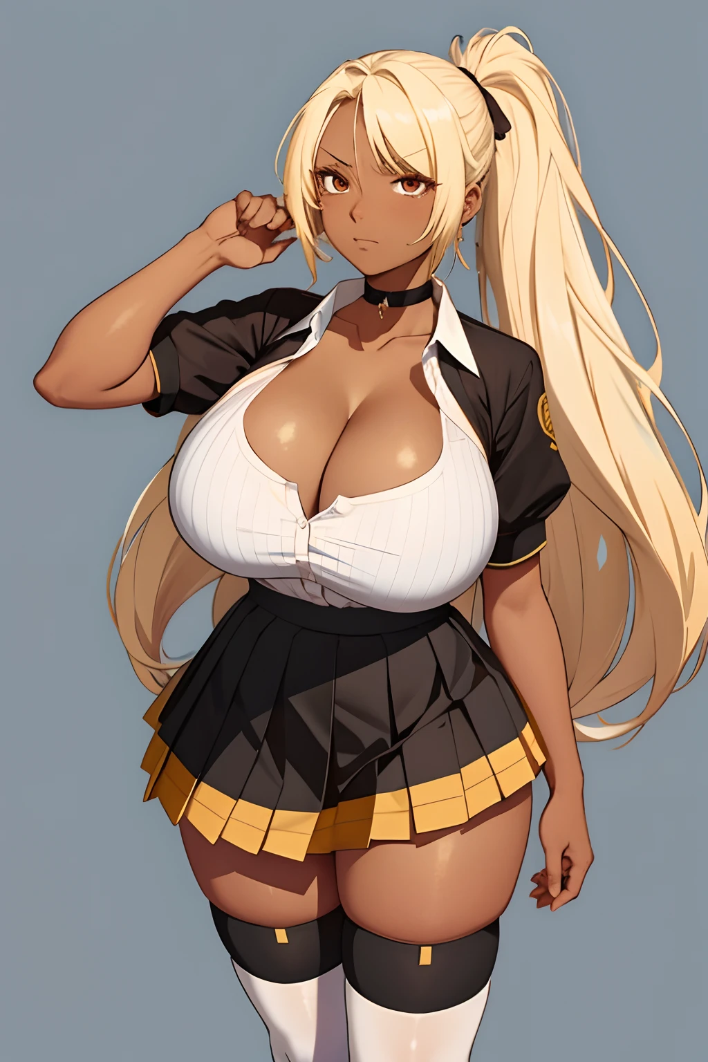 1girl, gigantic breasts,dark skin,long hair, ponytail,white shirt,cleavage,blonde hair, angry,choker,pleated skirt,simple background,thighhighs