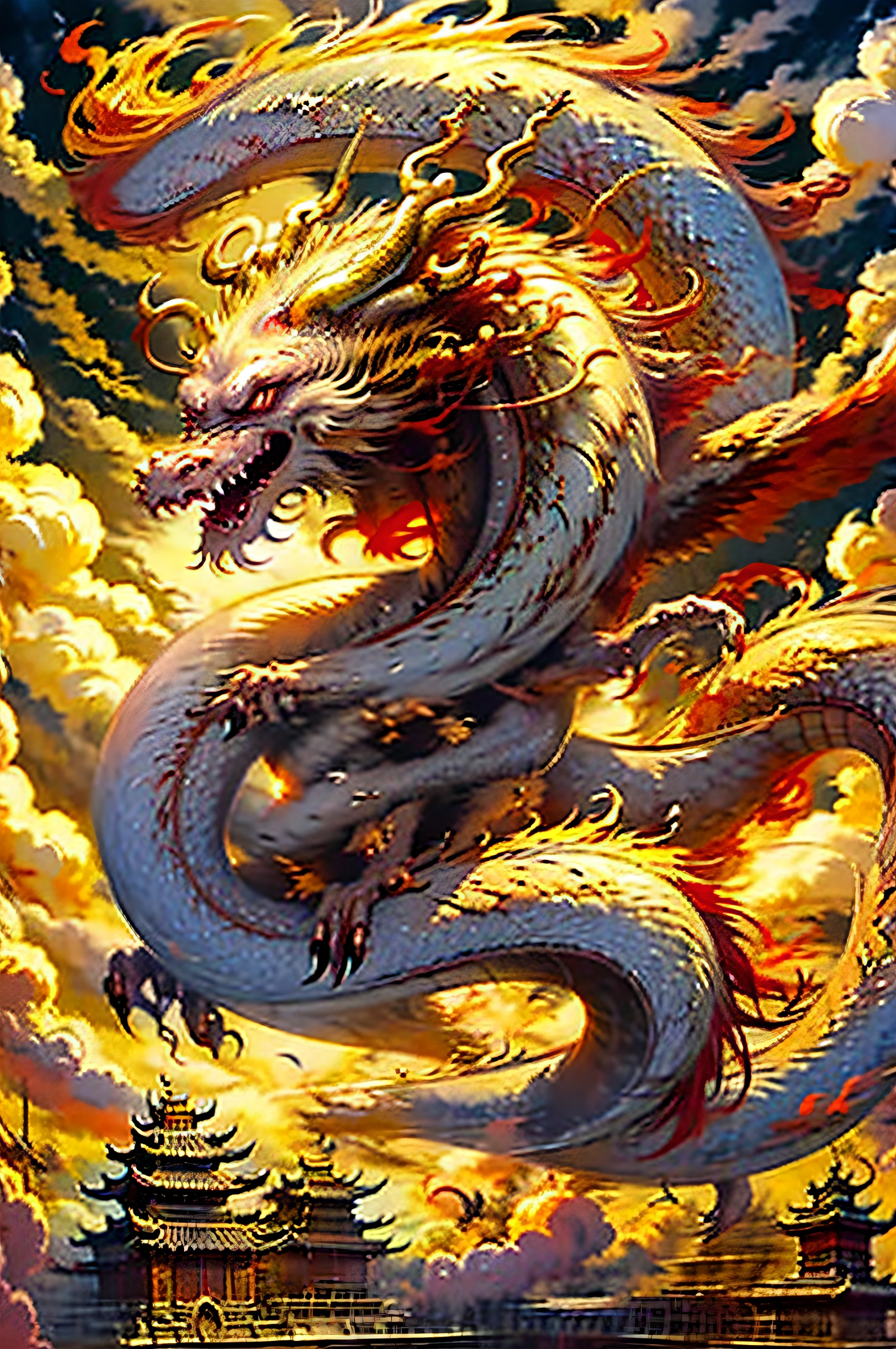 Best quality,masterpiece,ultra high res,nu no humans, (long:1.2),no humans, cloud, architecture, east asian architecture, red eyes, horns, open mouth, sky, fangs, eastern dragon, cloudy sky, teeth, flying, fire, bird, wings