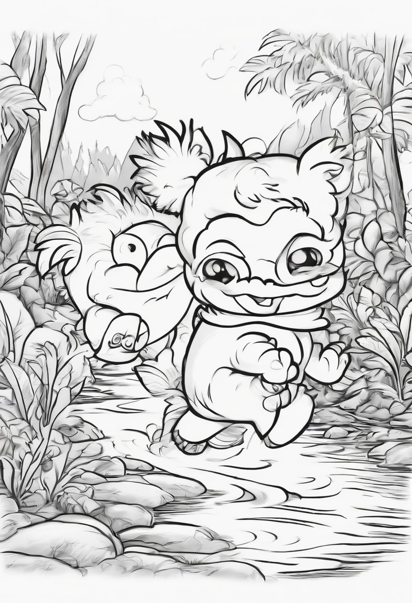 two small, fuzzy monsters, jumping and running along a stream, coloring book, (((Black & White))), White background, dynamic angles, interacting with other little fuzzy monsters, crisp black and white outline drawing, capturing his energetic movements and excitement, playful atmosphere.