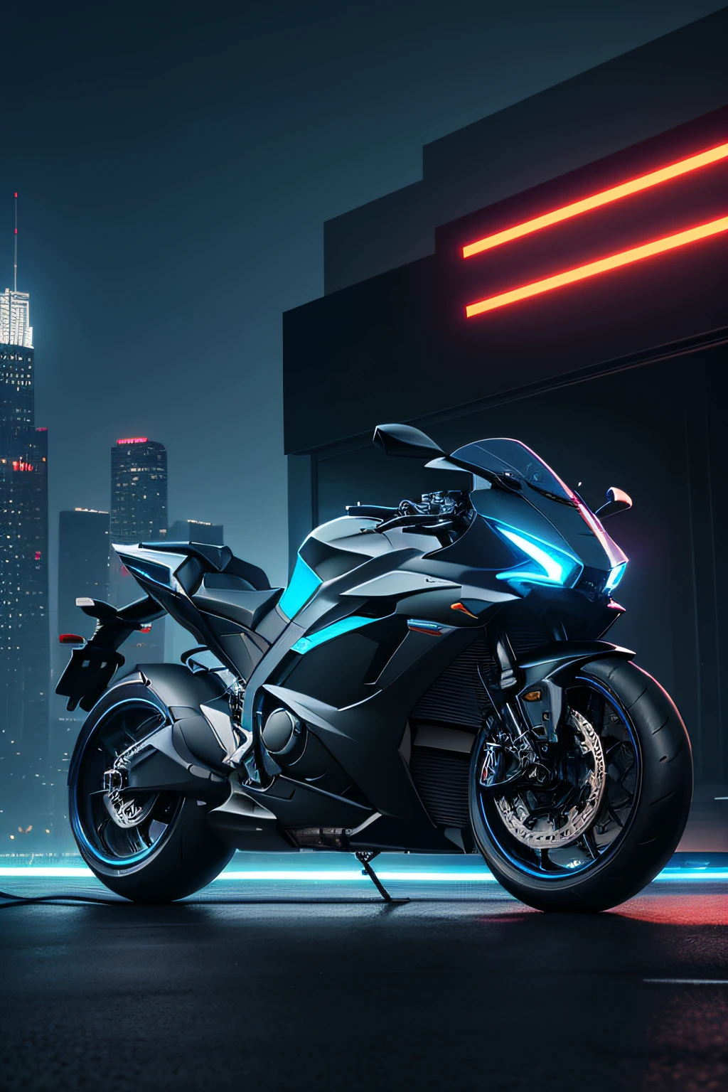 (best quality,4k,8k,highres,masterpiece:1.2),ultra-detailed,(realistic,photorealistic,photo-realistic:1.37),Modern,sci-fi,concept artists,futuristic motorcycle,neon lights,chrome finish,advanced technology,hovering capability,sleek design,aggressive stance,nano-material body,sharp edges,reflective surfaces,dynamic motion,high-speed,urban environment,megacity skyline,night time,bluish color tones,calculated shadows,glowing brake lights,streamlined shape,transparent windshield,LED headlights,integrated helmet,electric propulsion,zero emissions,precision engineering,imposing presence,exhilarating experience,adrenaline rush.