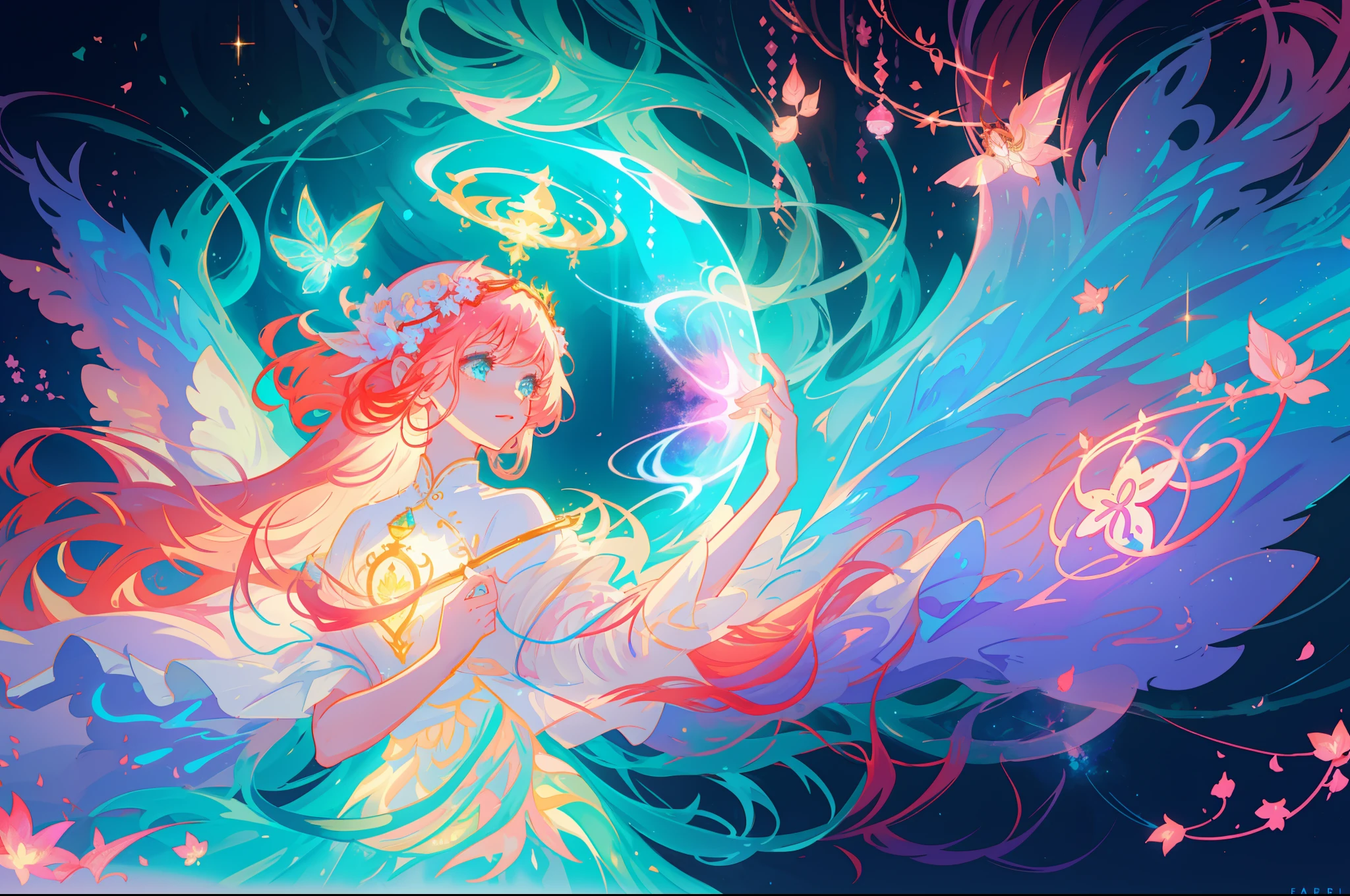 beautiful girl in the forest, beautiful anime girl in white dress, vibrant pastel colors, (colorful), magical lights, long red hair and a crown of flowers on her head, sparkling lights, fairy lights, inspired by Glen Keane, inspired by Lois van Baarle, disney art style, by Lois van Baarle, glowing aura around her, by Glen Keane, jen bartel, glowing lights! digital painting, flowing glowing hair, glowing flowing hair, beautiful digital illustration, fantasia background, whimsical, magical, fantasy, beautiful face, ((masterpiece, best quality)), intricate details, highly detailed, sharp focus, 8k resolution, sparkling detailed eyes, liquid watercolor, forest landscape background