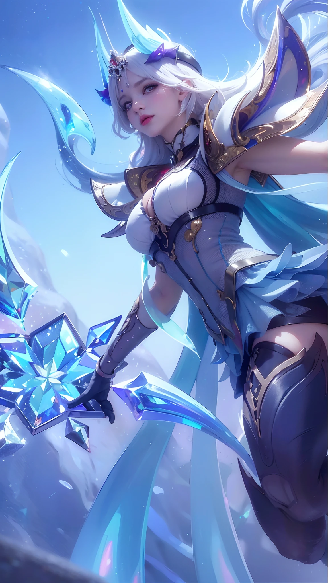 8K,复杂,ellegance,highly detailed,A majestic,Digital photography,cowboy lens,surrealism painting,Broken glass,Beating magic,Entwined lightning magic,(tmasterpiece,Sideslit,Fine beautiful eyes:1.2),hdr,Void 5 energy lightning storm,(ChineseGirl,Small breast,Purple eyes:1.5),paleskin,Glowing skin,(sitting on the stone:1.5),delicated face,delicate leg,Wearing palatial blue armor,cropped shoulders,Long gray hair,short skirt,Exquisite blue armor,Rained,big breasts beautiful,looking at viewert,facing at camera,tmasterpiece,,
