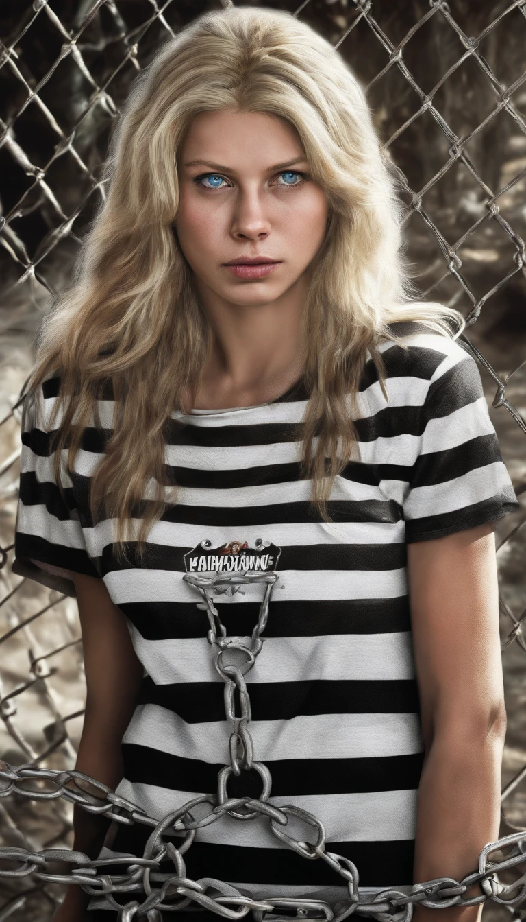 blonde woman with blue eyes wearing a black and white striped t-shirt, leaning against a fence on the side of the road, her hands are tied by chains and a small red cum near her nose, she is looking at the camera, ultra realistic photo.