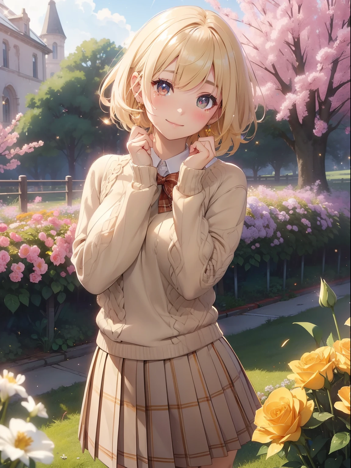 masutepiece, High resolution, 8K, anime woman, Delicate and detailed writing 、Detailed digital illustration、Short hair、perm、Shiny hair、Bangs、a very beautiful woman、Eyes are double, Large, Bust is D cup、High image quality, High quality、Detailed background、The inside of the eye shines like a diamond、Light yellow hair、Gradient pupil、(((2 arms、4 fingers, 1 thumb)))、Detailed female face、Very beautiful and cute woman、、细致背景、​masterpiece、Soft Focus , Bright gradient watercolor , Lens Flare , (((Glitter))) , Glow , Dreamy , Yellow Ribbon、Very beautiful yellow rose hair accessories、((Straight at the angle of the front))、(School Uniforms:1.2), (wearing a beige knitted sweater over a white shirt,,:1.3), (Plaid pleated skirt:1.3),(((fields of flowers)))、Full smile