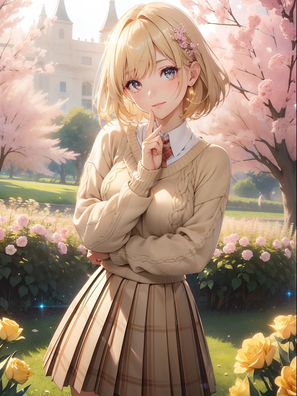 masutepiece, High resolution, 8K, anime woman, Delicate and detailed writing 、Detailed digital illustration、Short hair、perm、Shiny hair、Bangs、a very beautiful woman、Eyes are double, Large, Bust is D cup、High image quality, High quality、Detailed background、The inside of the eye shines like a diamond、Light yellow hair、Gradient pupil、(((2 arms、4 fingers, 1 thumb)))、Detailed female face、Very beautiful and cute woman、、细致背景、masterpiece、Soft Focus , Bright gradient watercolor , Lens Flare , (((Glitter))) , Glow , Dreamy , Yellow Ribbon、Very beautiful yellow rose hair accessories、((Straight at the angle of the front))、(School Uniforms:1.2), (wearing a beige knitted sweater over a white shirt,,:1.3), (Plaid pleated skirt:1.3),(((fields of flowers)))、Full smile
