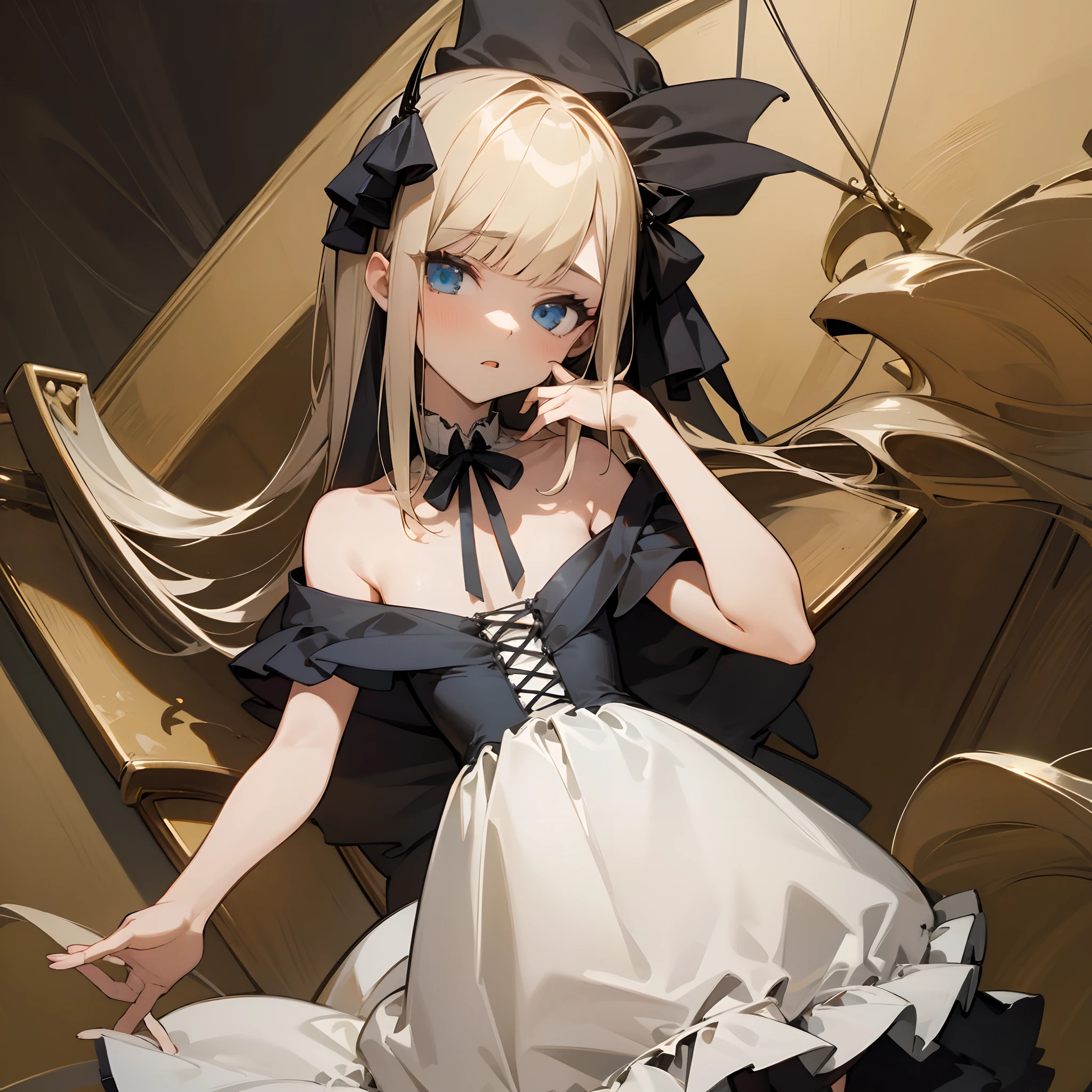 Reines, 1girl, high quality, best quality, illustration, masterpiece, (highly detailed:1.2), (extremely detailed:1.3), flat chest, bare shoulders, gothic lolita, young girl, white dress, looking at viewers, short skirt, white, string ribbon