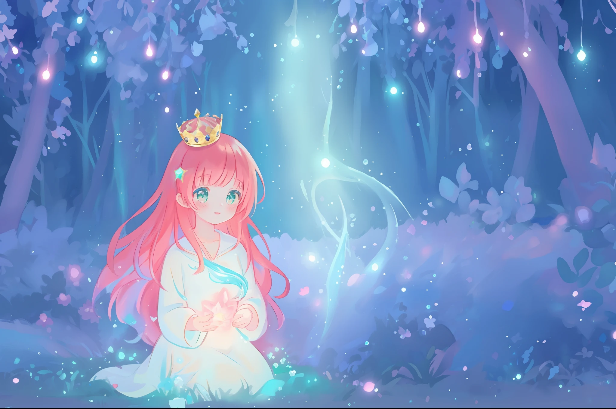 beautiful girl in the forest, beautiful anime girl in white dress, vibrant pastel colors, (colorful), magical lights, long red hair and a crown of flowers on her head, sparkling lights, fairy lights, inspired by Glen Keane, inspired by Lois van Baarle, disney art style, by Lois van Baarle, glowing aura around her, by Glen Keane, jen bartel, glowing lights! digital painting, flowing glowing hair, glowing flowing hair, beautiful digital illustration, fantasia background, whimsical, magical, fantasy, beautiful face, ((masterpiece, best quality)), intricate details, highly detailed, sharp focus, 8k resolution, sparkling detailed eyes, liquid watercolor, forest landscape background