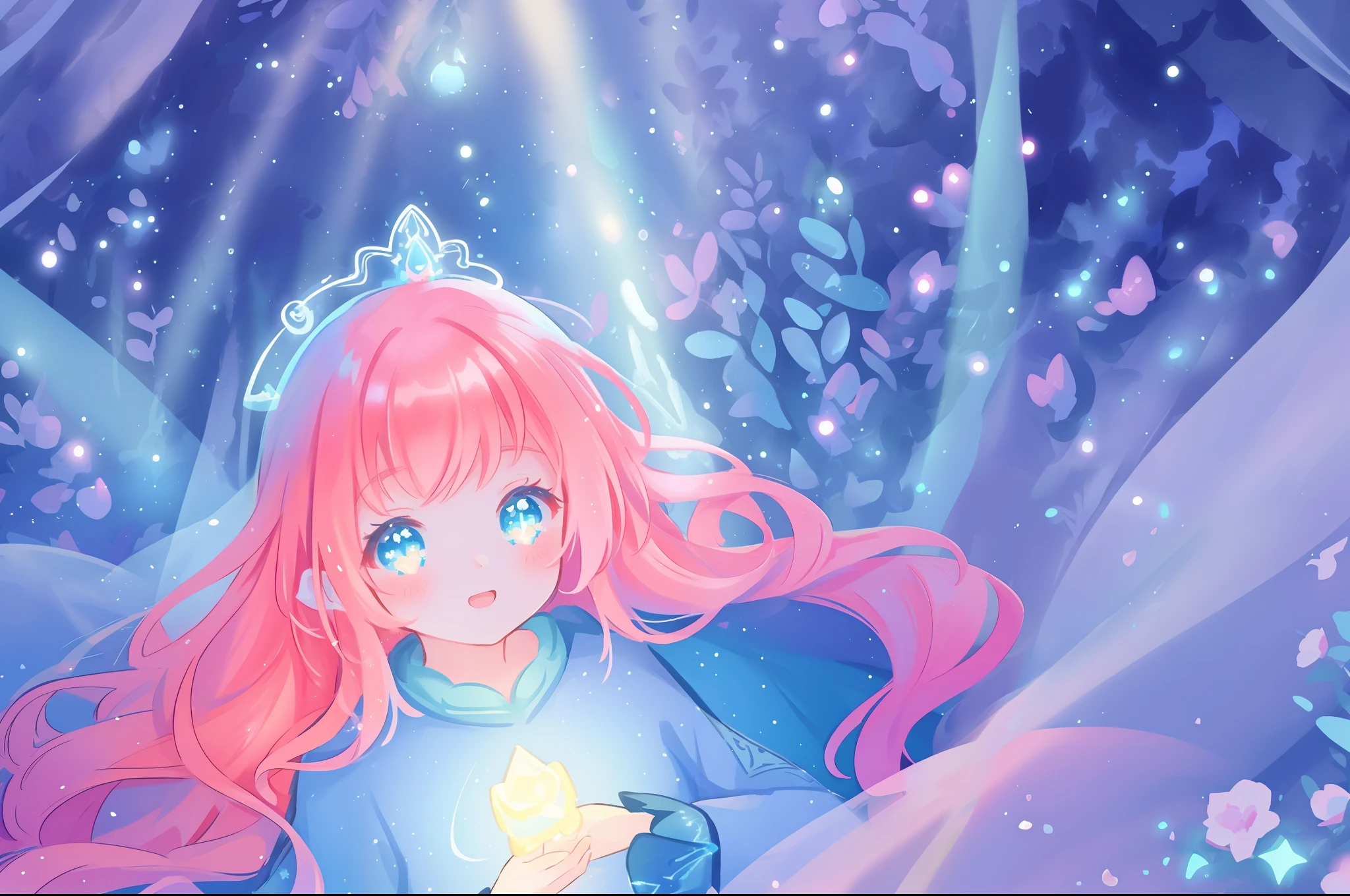 beautiful girl in the forest, beautiful anime girl in white dress, vibrant pastel colors, (colorful), magical lights, long red hair and a crown of flowers on her head, sparkling lights, fairy lights, inspired by Glen Keane, inspired by Lois van Baarle, disney art style, by Lois van Baarle, glowing aura around her, by Glen Keane, jen bartel, glowing lights! digital painting, flowing glowing hair, glowing flowing hair, beautiful digital illustration, fantasia background, whimsical, magical, fantasy, beautiful face, ((masterpiece, best quality)), intricate details, highly detailed, sharp focus, 8k resolution, sparkling detailed eyes, liquid watercolor, forest landscape background