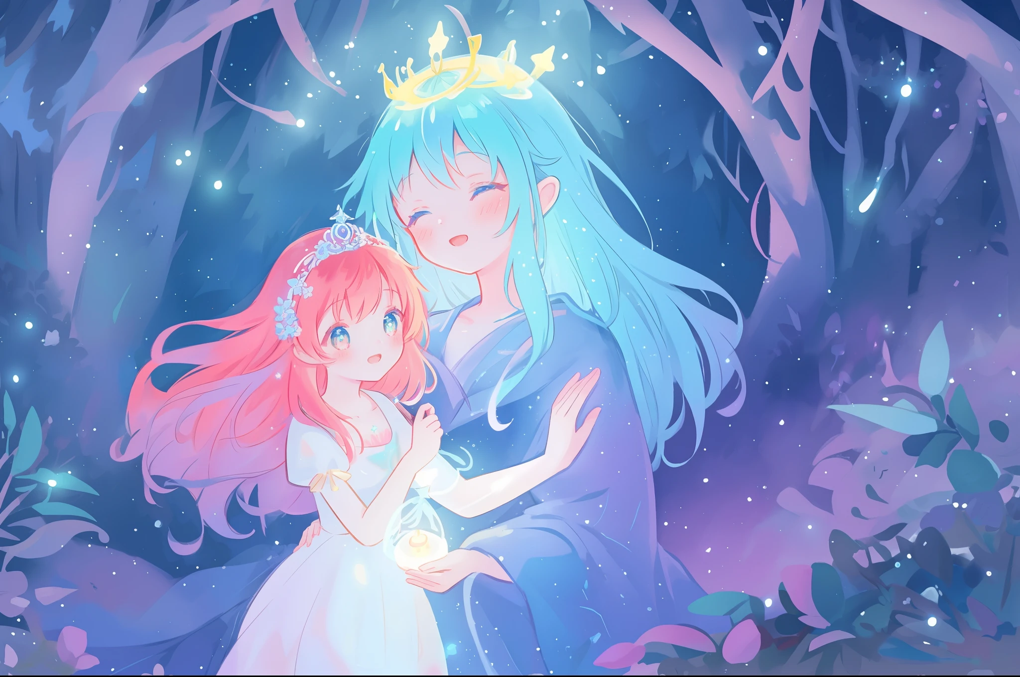 beautiful girl in the forest, beautiful anime girl in white dress, vibrant pastel colors, (colorful), magical lights, long red hair and a crown of flowers on her head, sparkling lights, fairy lights, inspired by Glen Keane, inspired by Lois van Baarle, disney art style, by Lois van Baarle, glowing aura around her, by Glen Keane, jen bartel, glowing lights! digital painting, flowing glowing hair, glowing flowing hair, beautiful digital illustration, fantasia background, whimsical, magical, fantasy, beautiful face, ((masterpiece, best quality)), intricate details, highly detailed, sharp focus, 8k resolution, sparkling detailed eyes, liquid watercolor, forest landscape background