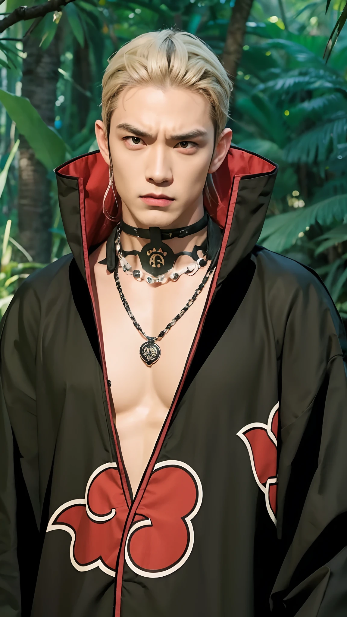 Real life adaption of this character, handsome man face, angry expression,realistic same hair, realistic same outfit with Akatsuki logo, realistic headband with iron plate on the neck, realistic necklace , hyper realistic, realistic light, realistic shadow, realism, realistic jungle background ,(photorealistic:1.2)