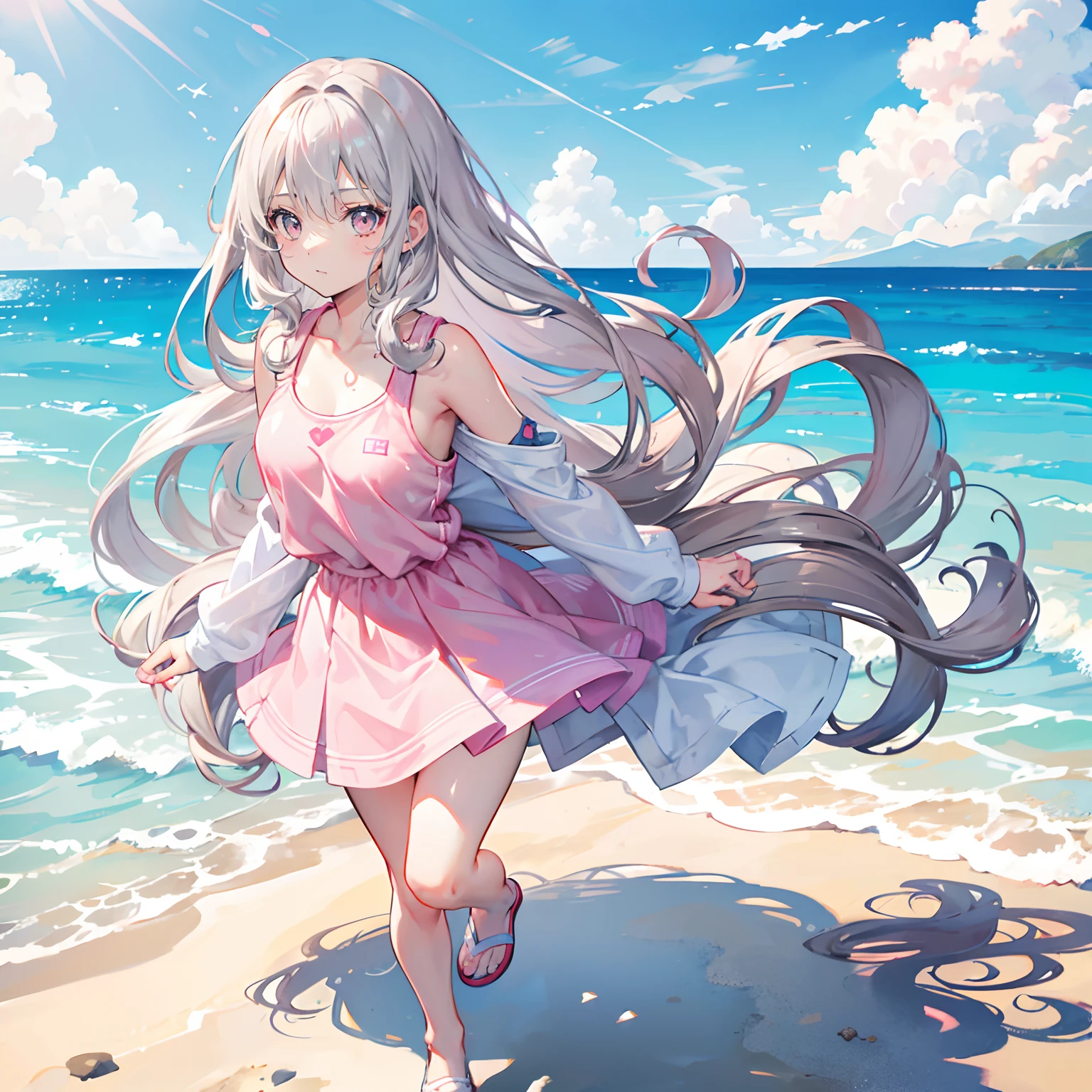 Silver-gray hair，Pink-brown eyes，long whitr hair，curlies，adolable，teens girl，swimming uniform，frontage，frontal photos，full-body photo on the front，All body，Fingers and arms are not exposed，Background sandy beach，with blue sky and white clouds