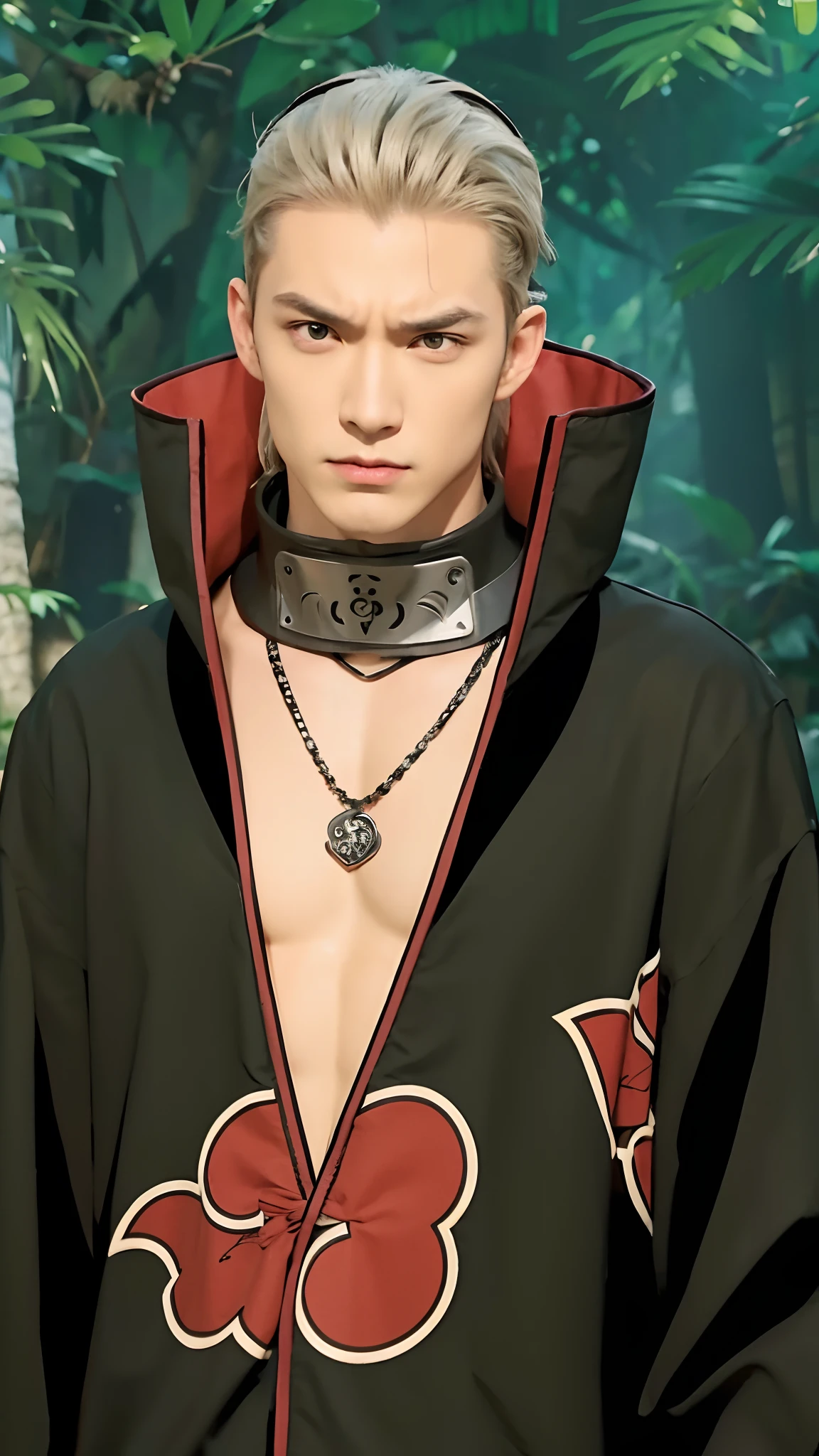 Real life adaption of this character, handsome man face, angry expression,realistic same hair, realistic same outfit with Akatsuki logo, realistic headband with iron plate on the neck, realistic necklace , hyper realistic, realistic light, realistic shadow, realism, realistic jungle background ,(photorealistic:1.2)