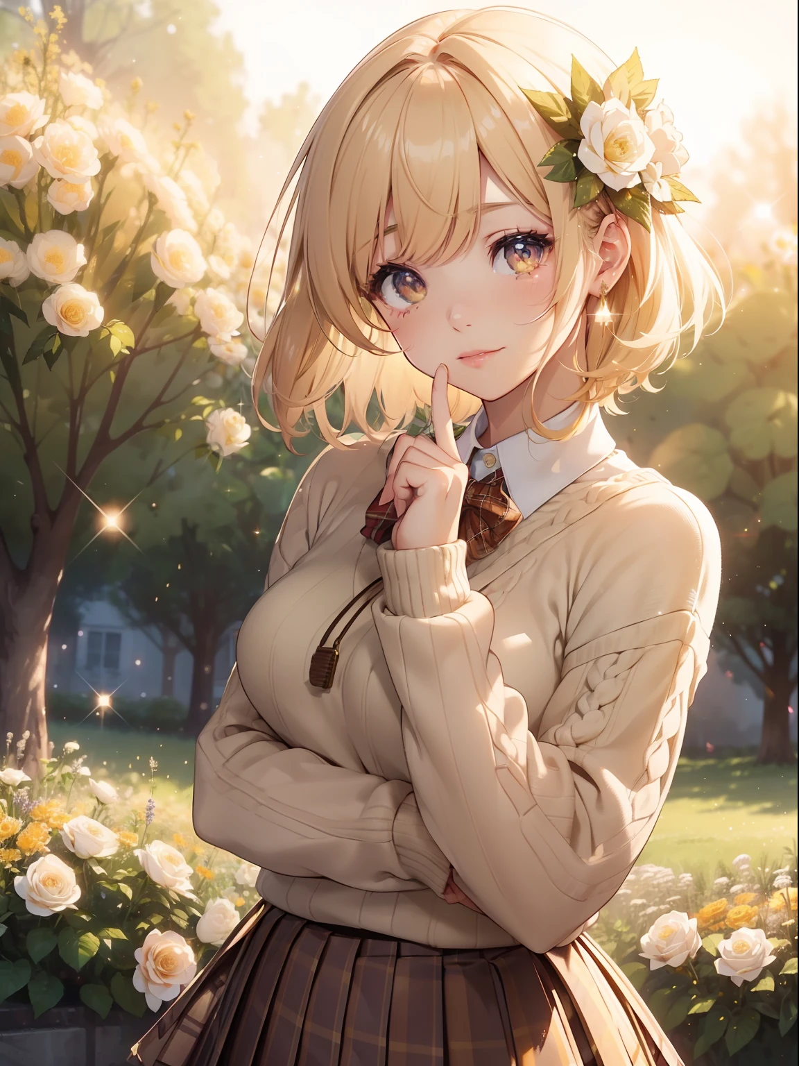 masutepiece, High resolution, 8K, anime woman, Delicate and detailed writing 、Detailed digital illustration、Short hair、perm、Shiny hair、Bangs、a very beautiful woman、Eyes are double, Large, Bust is D cup、High image quality, High quality、Detailed background、The inside of the eye shines like a diamond、Light yellow hair、Gradient pupil、(((2 arms、4 fingers, 1 thumb)))、Detailed female face、Very beautiful and cute woman、、细致背景、​masterpiece、Soft Focus , Bright gradient watercolor , Lens Flare , (((Glitter))) , Glow , Dreamy , Yellow Ribbon、Very beautiful yellow rose hair accessories、((Straight at the angle of the front))、(School Uniforms:1.2), (wearing a beige knitted sweater over a white shirt,,:1.3), (Plaid pleated skirt:1.3),(((fields of flowers)))、Full smile