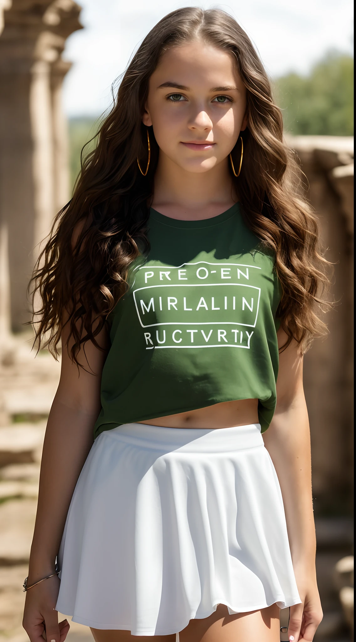 ((Pre-teen)), beautiful girl, model body, freckles on her face, (green eyes), small breasts, big earrings, t-shirt, skirt with black tights, cloth shoes, full body, headshot short, very white skin, very long hair, wavy hair, blonde hair, ancient ruins, photorealistic, Indirect lighting, volumetric light, ray tracing, hyper-detailed, best quality, ultra-high resolution, HDR, 8k