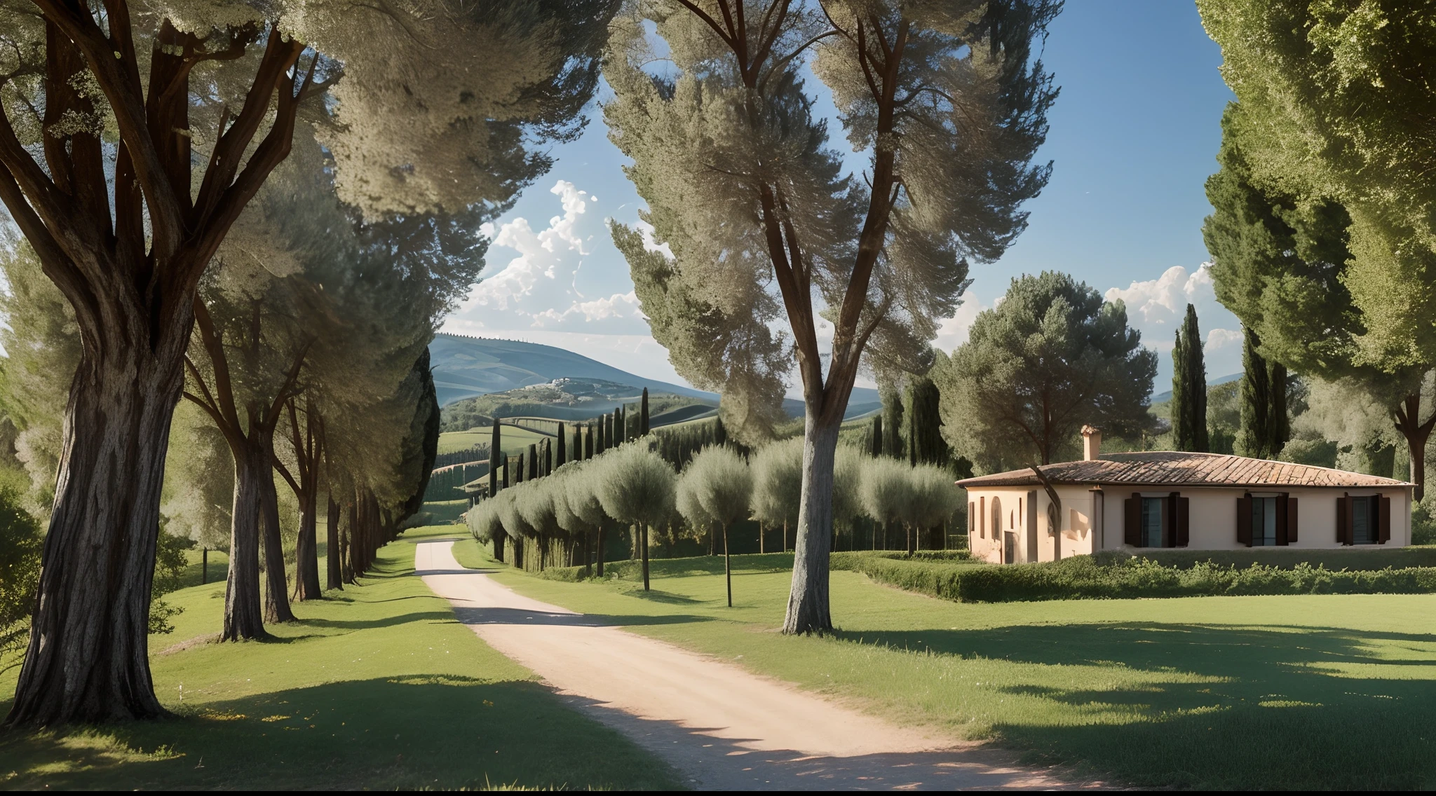 Tuscany region, with its beautiful cypress trees and a wonderful spring day,, Romantismo, Cinema 4D, air perspective, DSLR camera, Filtro polarizador, Romantic scene --chaos 24 --iw 0.5 --h 256 --quality 5 --w 2034 --ar 16:9 --version 4 --uplight --beta --hd