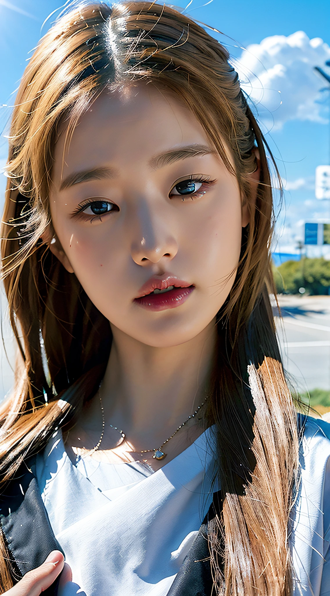 Best quality, masterpiece, super high resolution, (realistic: 1.4), original photo, wallpaper, head photo, skin, simple background, black eyes, blonde hair, detail, selfie, 1 girl, 18 years old, breeze, sunshine