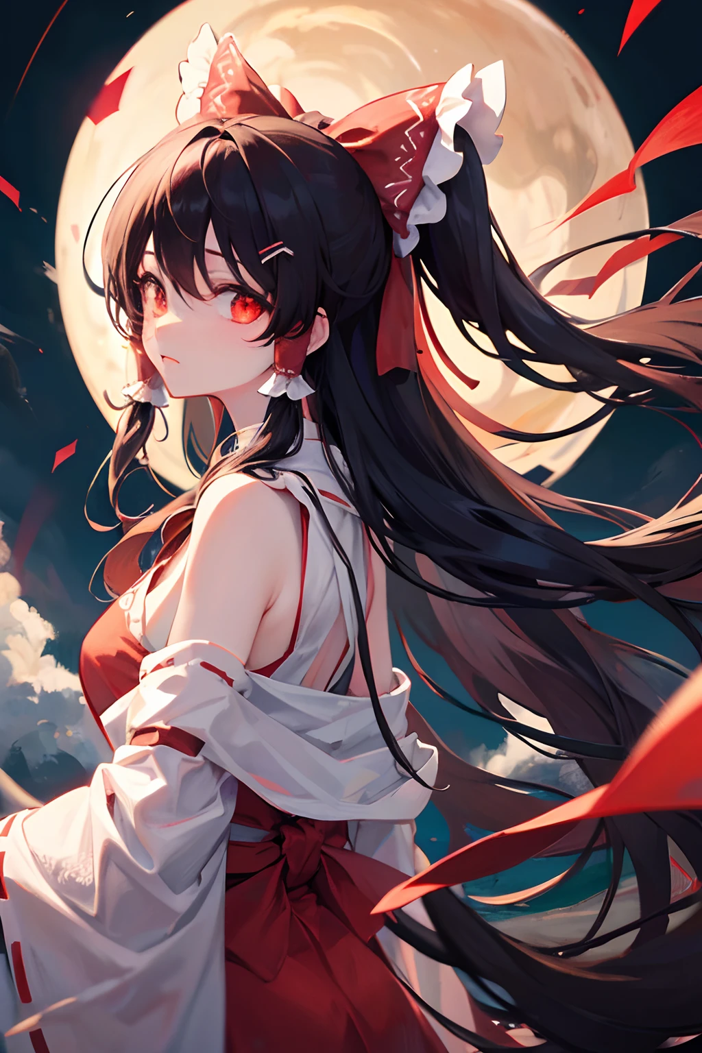 Hakurei Reimu,black clouds,end of the world,Eyes glow,dark