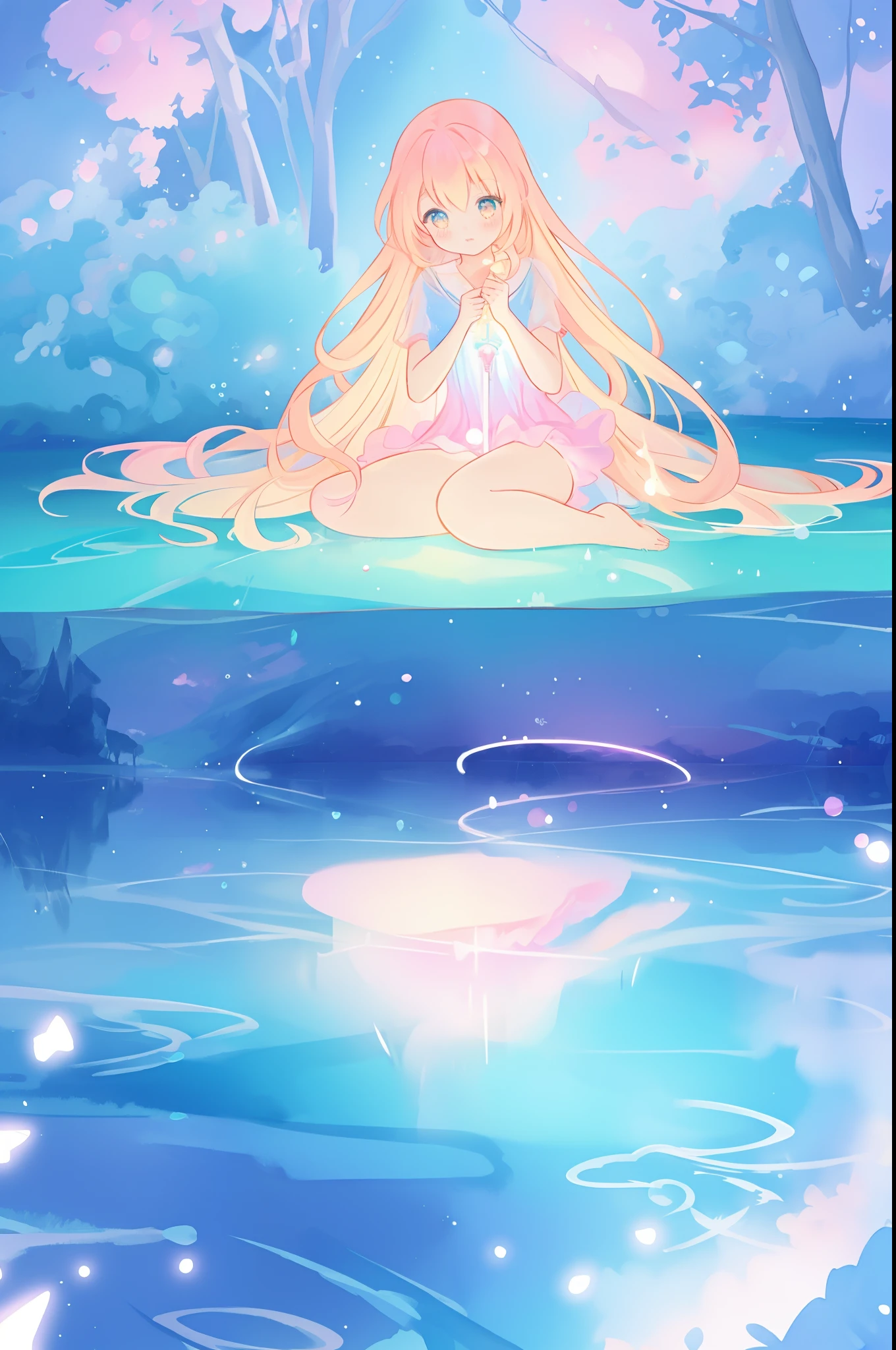 Little blonde woman sitting in yoga、Posing in water in a mirror with bioluminescence, Facing the sky, Show me her back, Sparkling hair, Wearing the Drape of Heaven, facing back, See beautiful surreal planets in the vast universe, Luminous, Surrounded by an array of shimmering vivid clouds, Stars, comets, and the Milky Way, With a dreamy and vivid color scheme, -- Stylize, Anime Abstract Emitter, Realistic, Cloud-like vector,