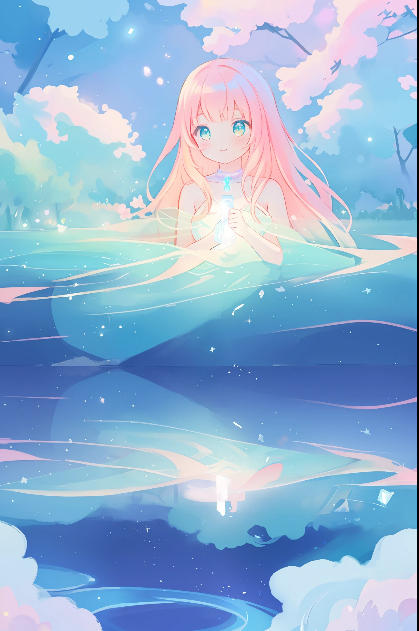 beautiful anime girl sitting by water looking at her reflection, riverbank, beautiful girl in flowing dress, girl looking at her water reflection, nature scene, vibrant pastel colors, (colorful), magical lights, flowing long hair, inspired by Glen Keane, inspired by Lois van Baarle, disney art style, by Lois van Baarle, glowing aura around her, by Glen Keane, jen bartel, glowing lights! digital painting, flowing glowing hair, glowing flowing hair, beautiful digital illustration, whimsical, magical, fantasy, beautiful face, ((masterpiece, best quality)), intricate details, highly detailed, sharp focus, 8k resolution, sparkling detailed eyes, watercolor