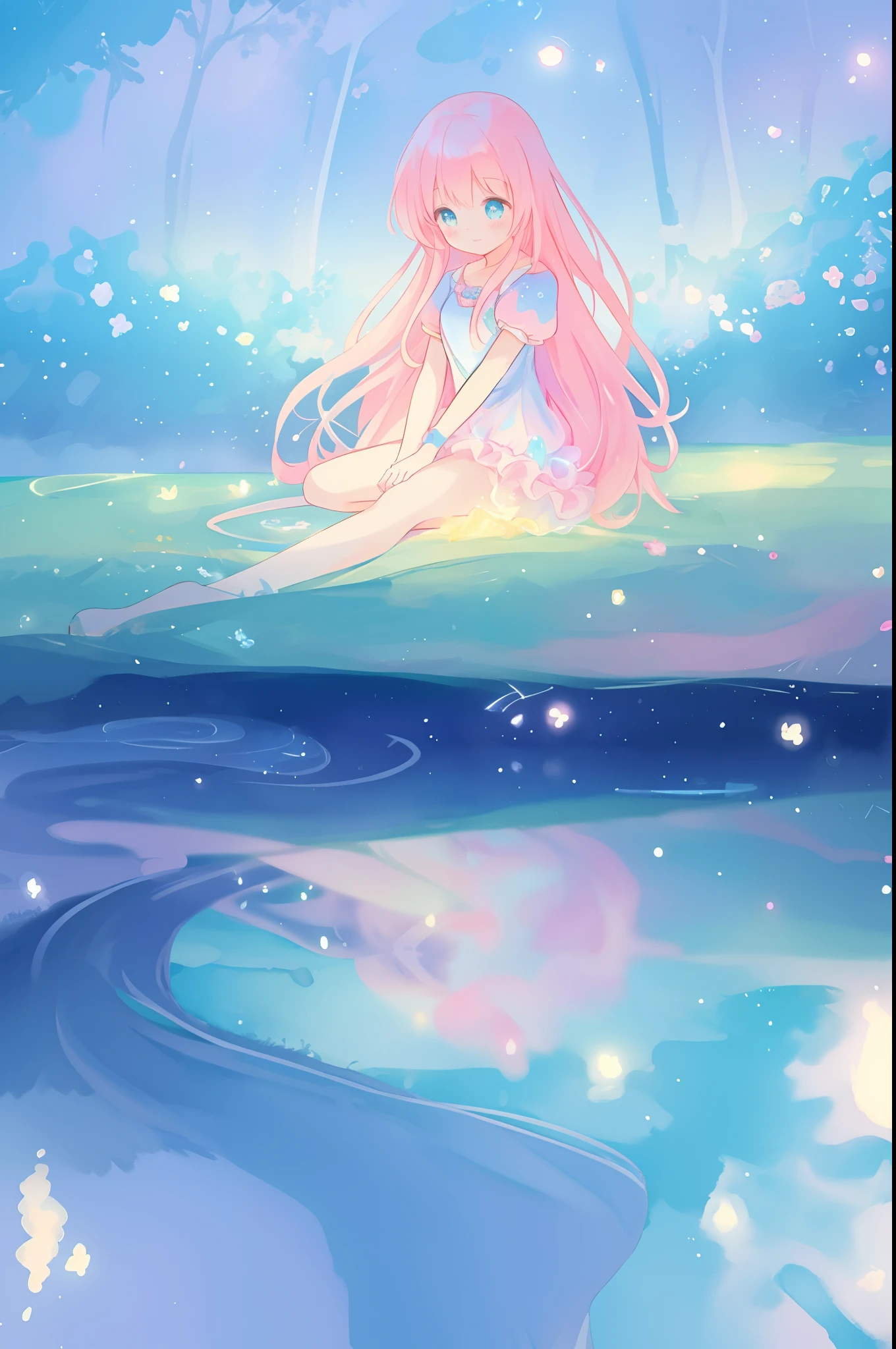 beautiful anime girl sitting by water looking at her reflection, riverbank, beautiful girl in flowing dress, girl looking at her water reflection, nature scene, vibrant pastel colors, (colorful), magical lights, flowing long hair, inspired by Glen Keane, inspired by Lois van Baarle, disney art style, by Lois van Baarle, glowing aura around her, by Glen Keane, jen bartel, glowing lights! digital painting, flowing glowing hair, glowing flowing hair, beautiful digital illustration, whimsical, magical, fantasy, beautiful face, ((masterpiece, best quality)), intricate details, highly detailed, sharp focus, 8k resolution, sparkling detailed eyes, watercolor