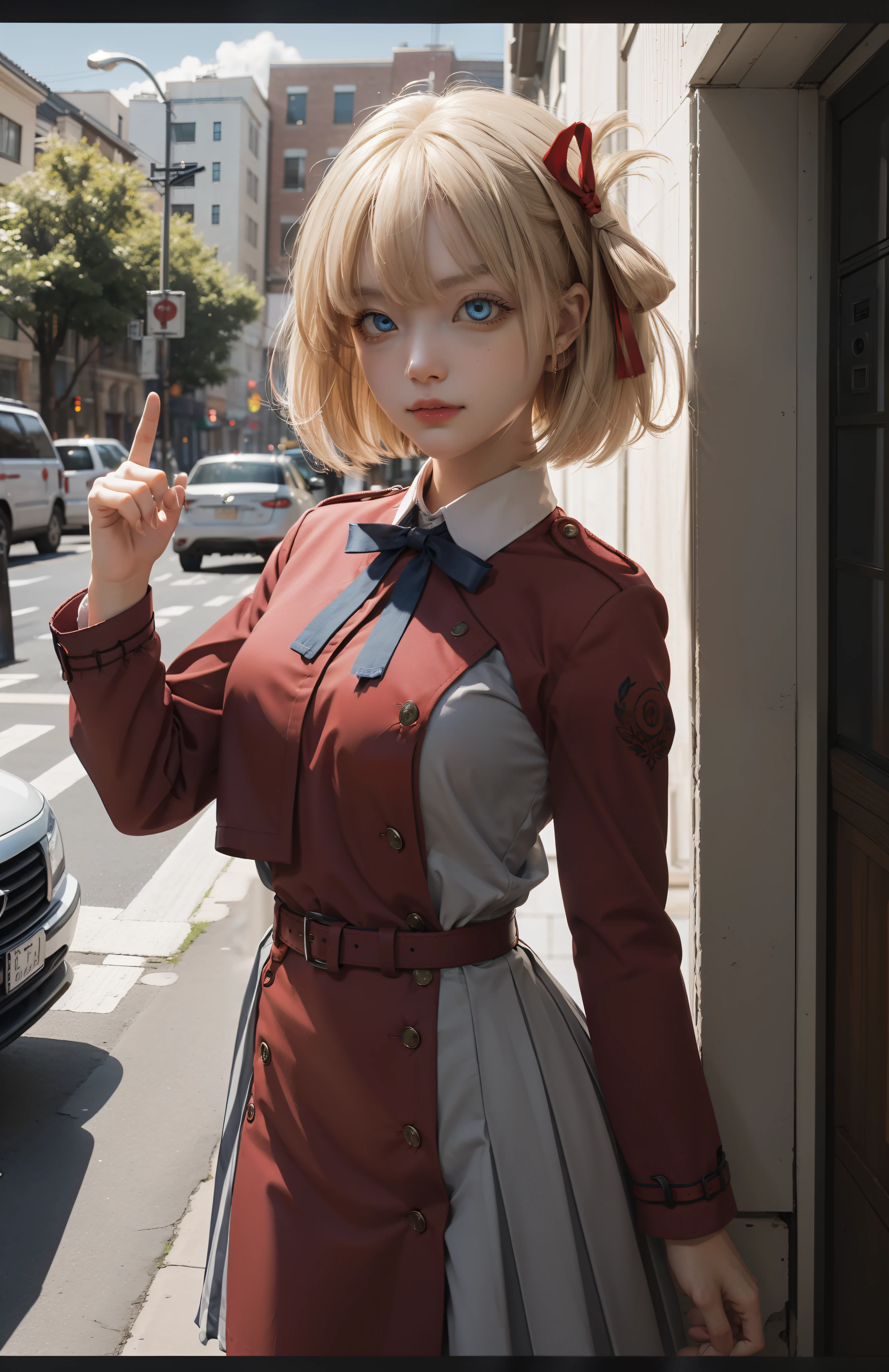 chisatonishikigi, nishikigi chisato, short hair, bangs, blonde hair, (red eyes:1.5), hair ribbon, one side up, bob cut,
BREAK shirt, long sleeves, dress, ribbon, white shirt, collared shirt, belt, neck ribbon, red dress, blue ribbon, pleated dress, grey dress, two-tone dress, red belt, lycoris uniform,,
BREAK outdoors, city,
BREAK looking at viewer, BREAK (masterpiece:1.2), best quality, high resolution, unity 8k wallpaper, (illustration:0.8), (beautiful detailed eyes:1.6), extremely detailed face, perfect lighting, extremely detailed CG, (perfect hands, perfect anatomy),