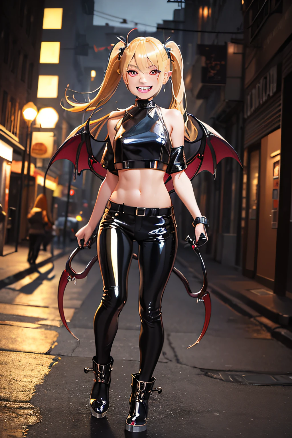 1girl, blonde hair double ponytails, evil smile showing (((glistening fangs:1.3))), Leather crop top, Leather pants, Laughing. background walking down the street at night, Full body,