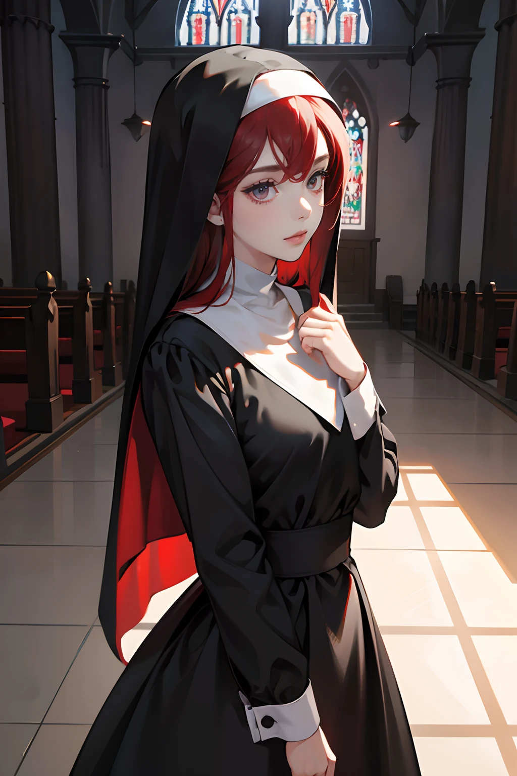 1girl, Young female, Perfect female body, eyes looking to camera,(nun, black dress, red hair),Put hands together,Church,dramatic shadow, Ray Tracing,Portrait,(tmasterpiece, high resolution, ultra - detailed:1.0),solo person