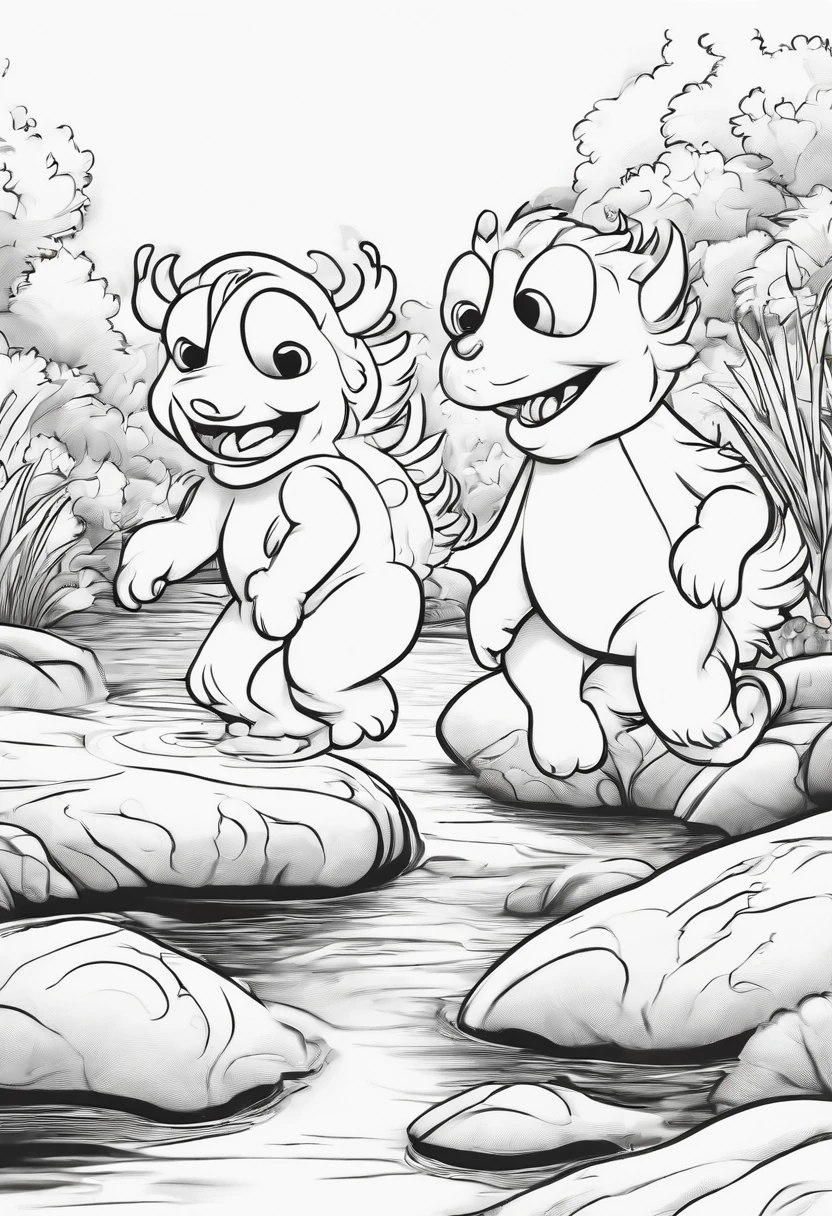 cartoon, coloring book, (((Black & White))), White background, two small, fuzzy monsters, jumping and playing along a stream, dynamic angles, crisp black and white outline drawing, capturing his energetic movements and excitement, playful atmosphere.
