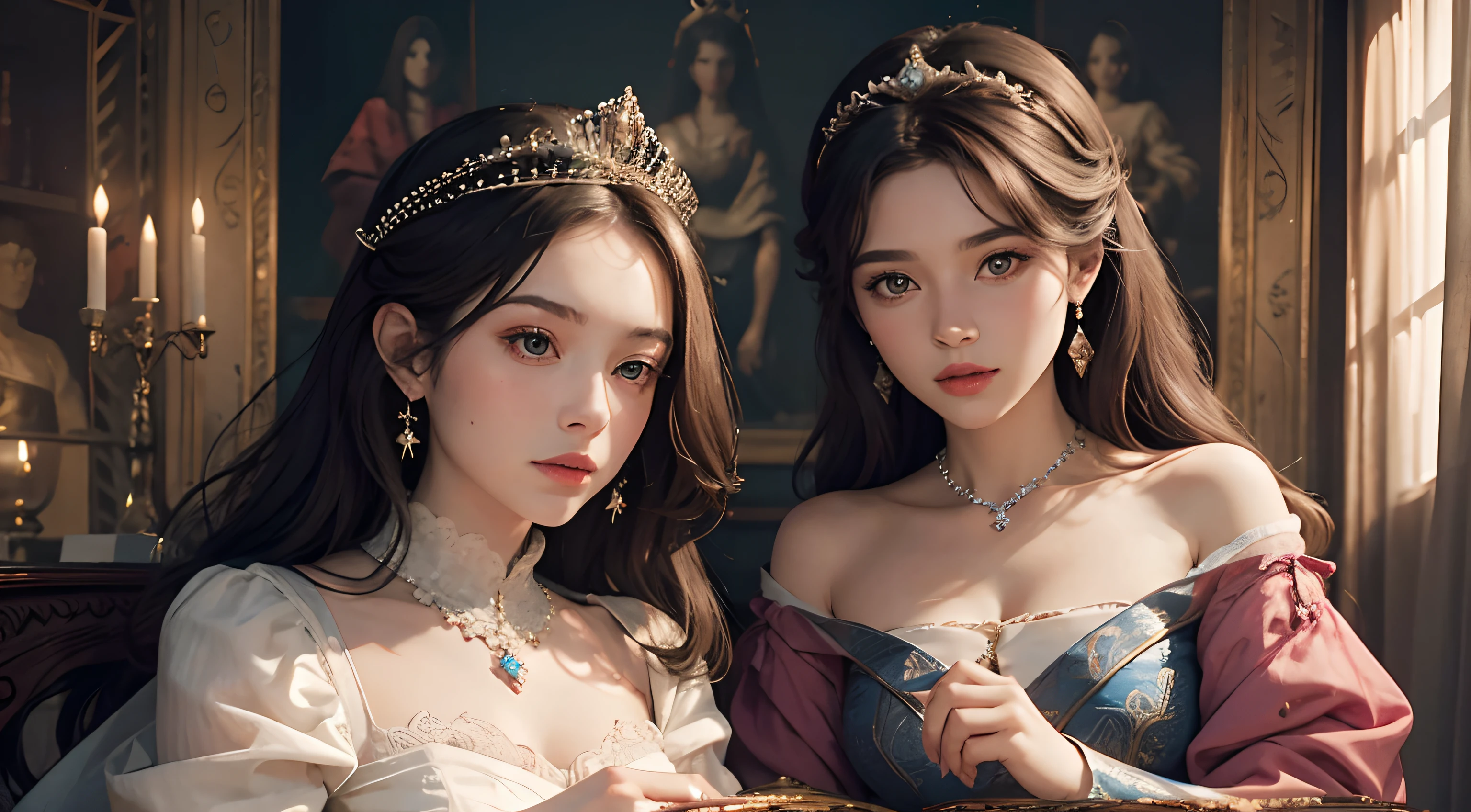 two women, princesses, beautiful, detailed,