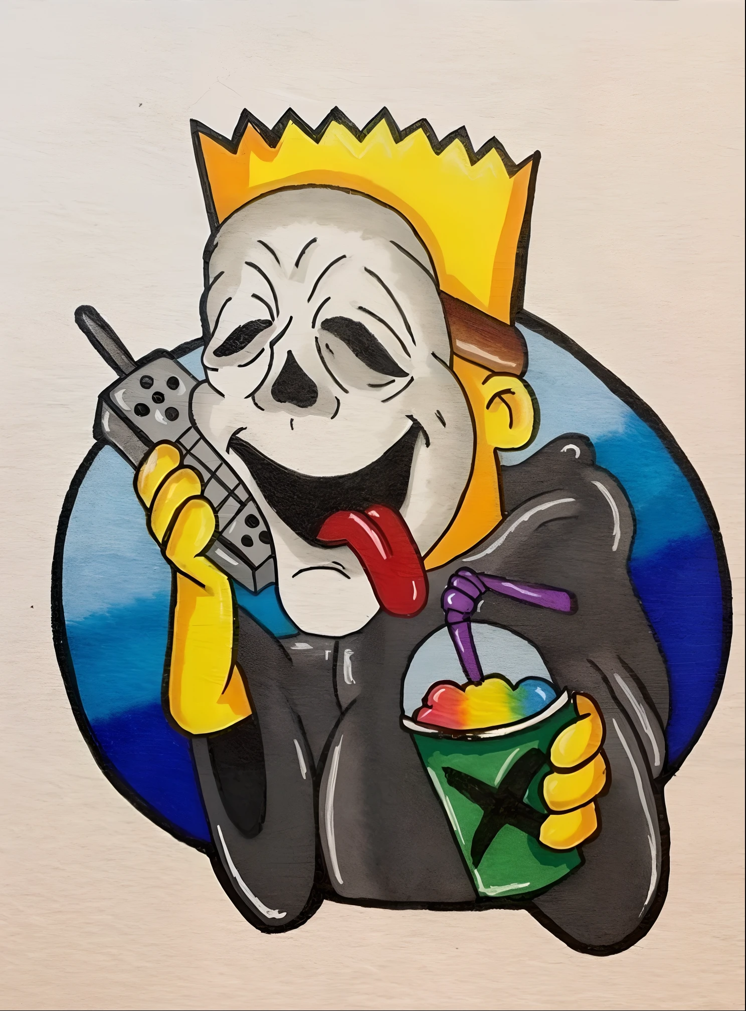 uma pintura de um personagem de desenho animado segurando um celular e uma bebida, pintura spike, Homem zumbi congelado com uma coroa, art depicting control freak, inspirado em Arnold Mesches, estilo pennywise, tinta preta & copic markers, Pintura por Android Jones, O Homem de Areia da Graphic Novel, inspirado em Ron Walotsky, solo portrait 🎨🖌️, desenho colorido
