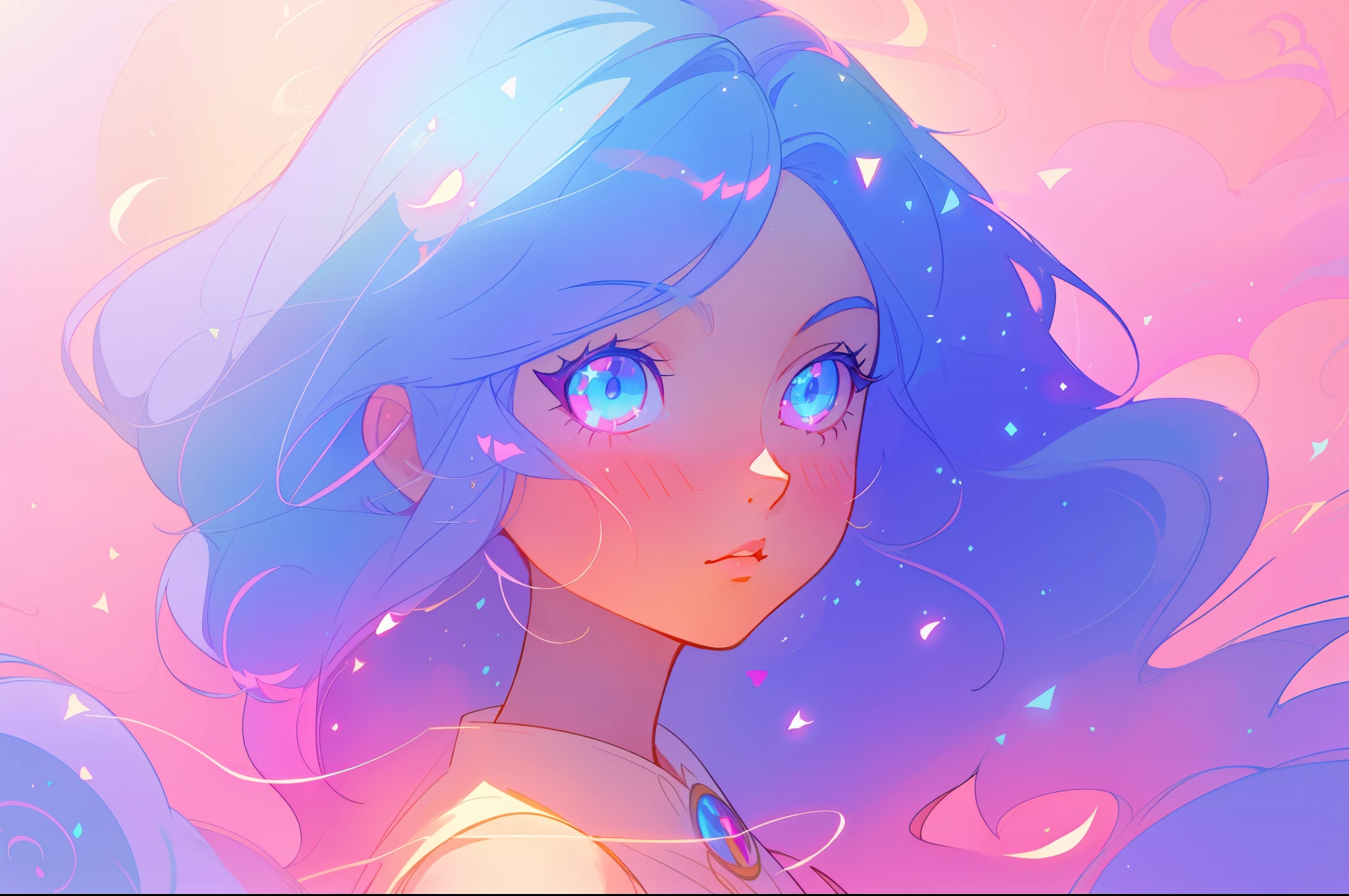 anime, beautiful girl portrait, glowing ethereal hair, anime girl with cosmic hair, beautiful young wind spirit, beautiful anime art style, beautiful digital illustration, inspired by Glen Keane, inspired by Lois van Baarle, disney art style, glowing aura around her, jen bartel, glowing lights, (masterpiece, best quality), sharp focus, 8k resolution, intricate detail, highly detailed, swirling lines of light, magical lights, whimsical, magical, fantasia background, pastel colors, beautiful girl, golden ratio, perfection, beautiful face, sparkling detailed eyes