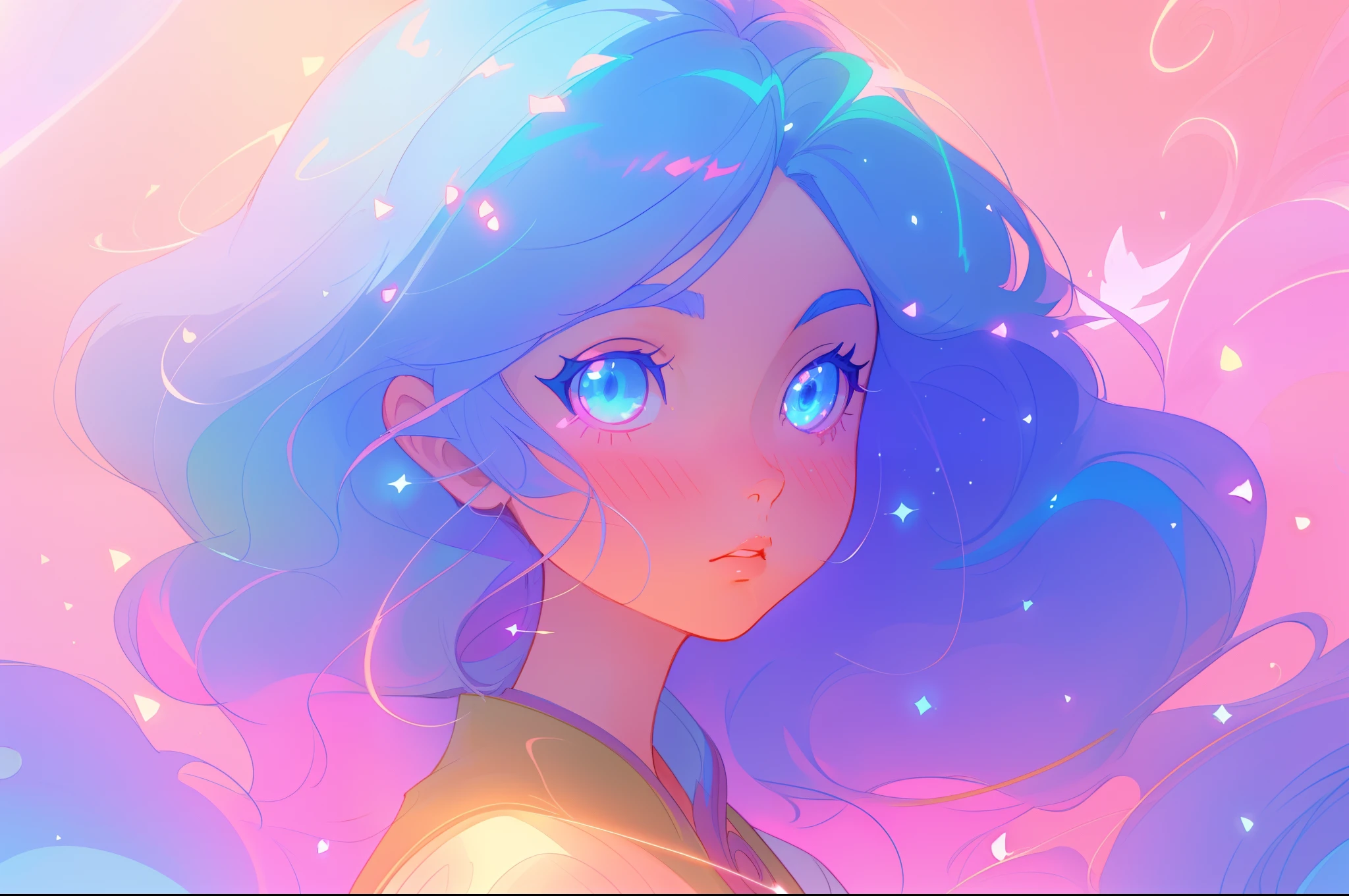 anime, beautiful girl portrait, glowing ethereal hair, anime girl with cosmic hair, beautiful young wind spirit, beautiful anime art style, beautiful digital illustration, inspired by Glen Keane, inspired by Lois van Baarle, disney art style, glowing aura around her, jen bartel, glowing lights, (masterpiece, best quality), sharp focus, 8k resolution, intricate detail, highly detailed, swirling lines of light, magical lights, whimsical, magical, fantasia background, pastel colors, beautiful girl, golden ratio, perfection, beautiful face, sparkling detailed eyes